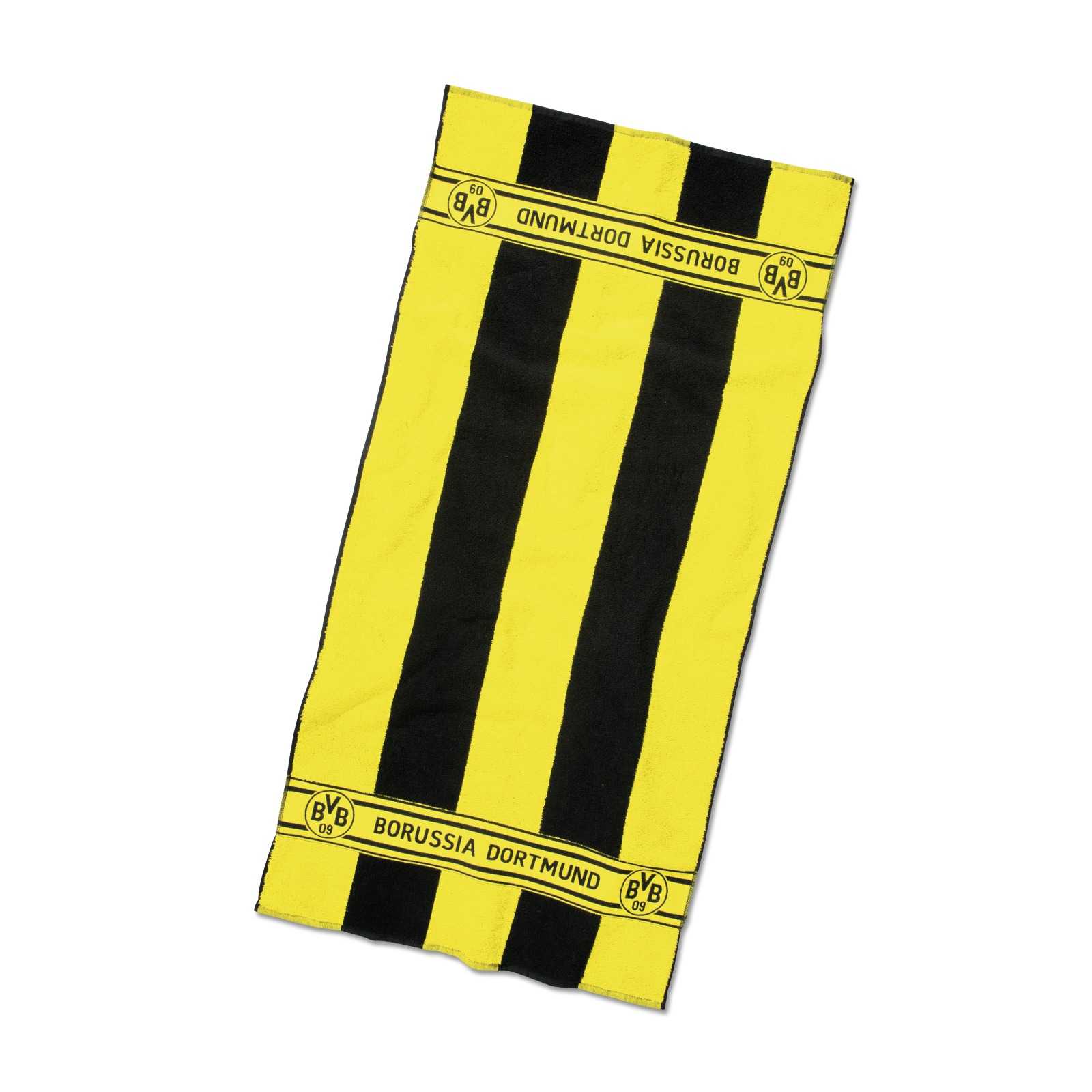 Schwarzgelbes BVB-Duschtuch mit Blockstreifen in der Frontalansicht, BVB-Emblem und "Borussia Dortmund"-Schriftzug an beiden Enden sichtbar.