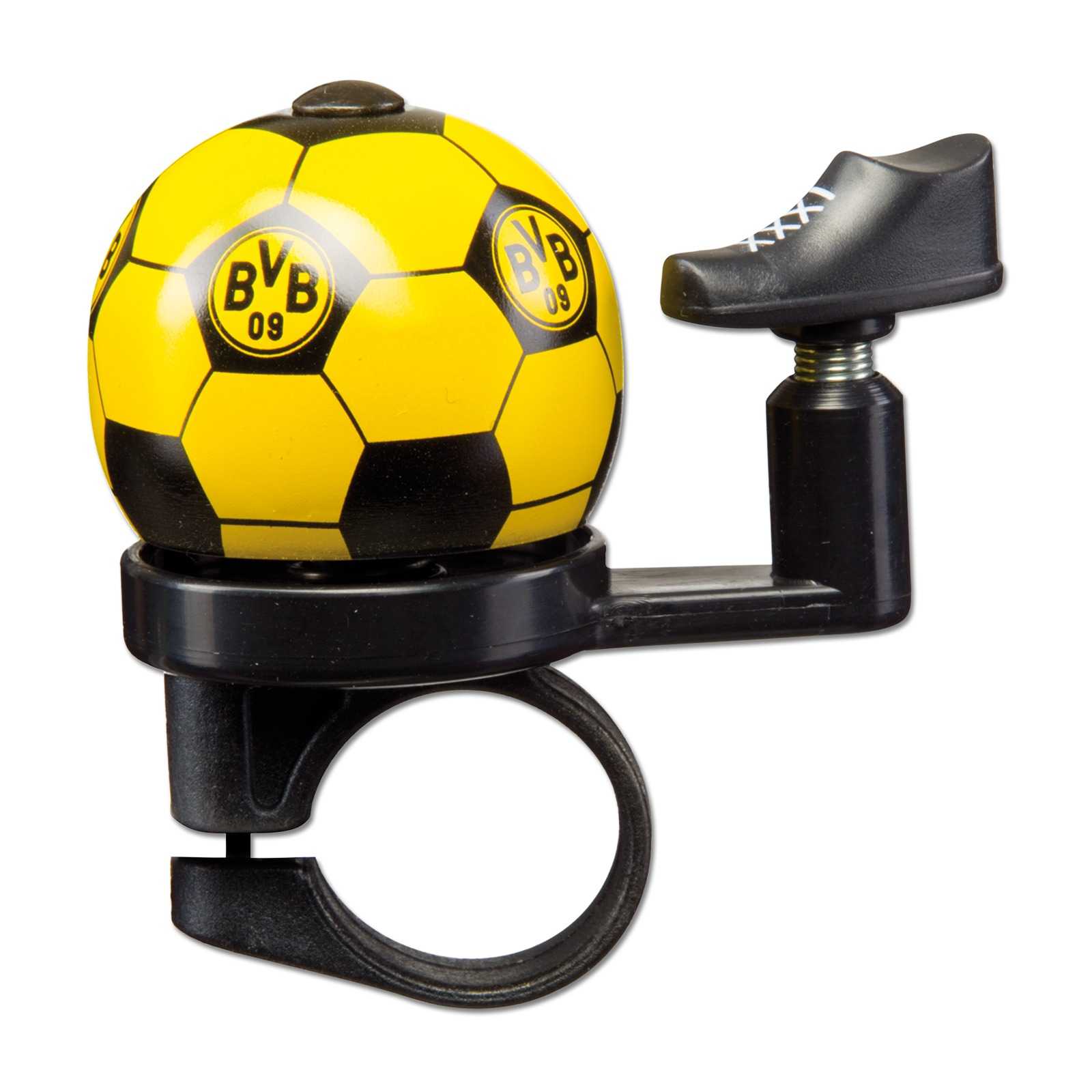 Detailansicht der BVB-Fahrradklingel in Form eines schwarzgelben Fußballs mit BVB-Emblem und einem schwarzen Fußballschuh als Hebel.
