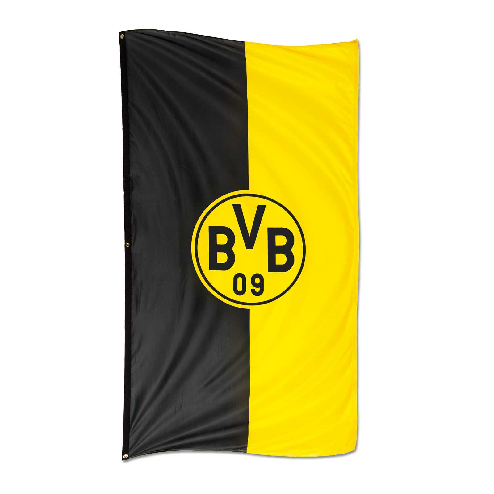 Frontalansicht der BVB-Hissfahne im Hochformat (100x200 cm) mit schwarzgelber Teilung und mittig platziertem BVB-Emblem.
