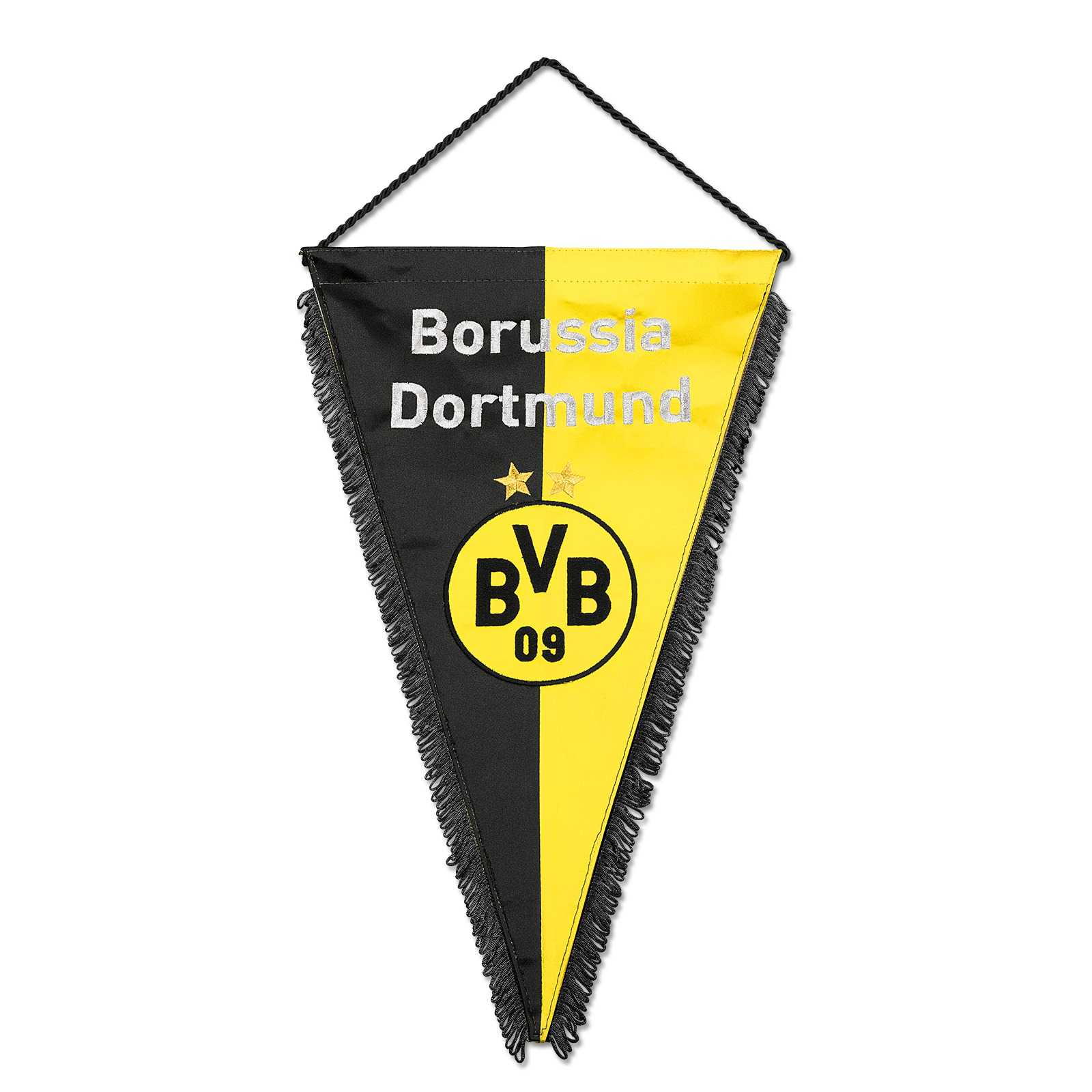 Vorderansicht des schwarzgelben BVB-Seidenwimpels mit silbernem "Borussia Dortmund"-Schriftzug und zentralem BVB-Emblem, umrandet von schwarzer Fransenborte.