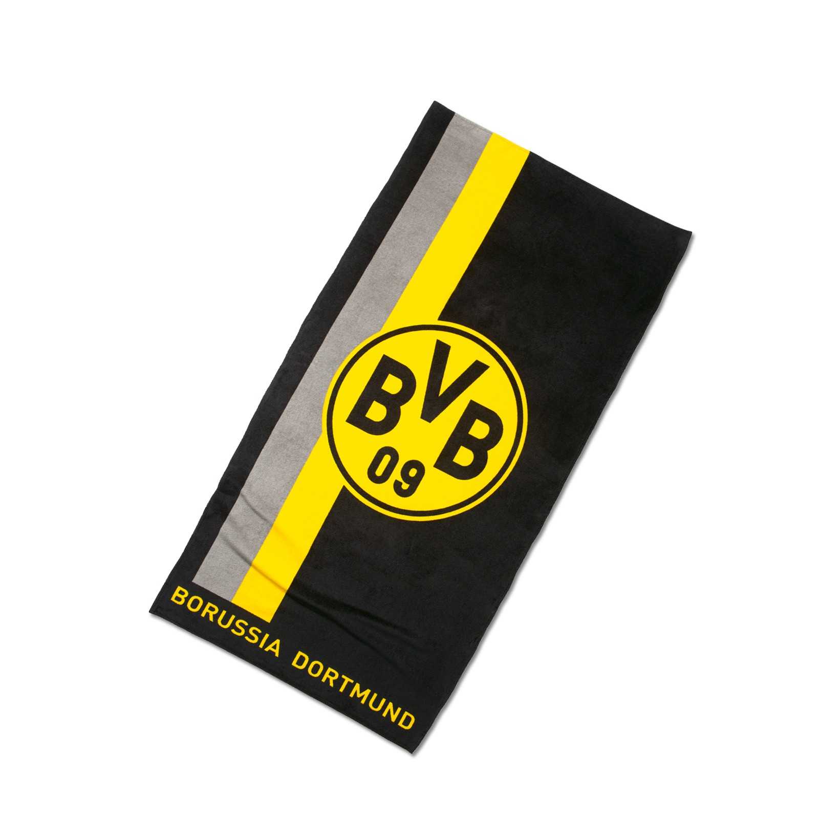 BVB-Handtuch mit Logo im Streifenmuster in schwarzgelb und grau, großem BVB-Emblem und „Borussia Dortmund“-Schriftzug, Draufsicht.