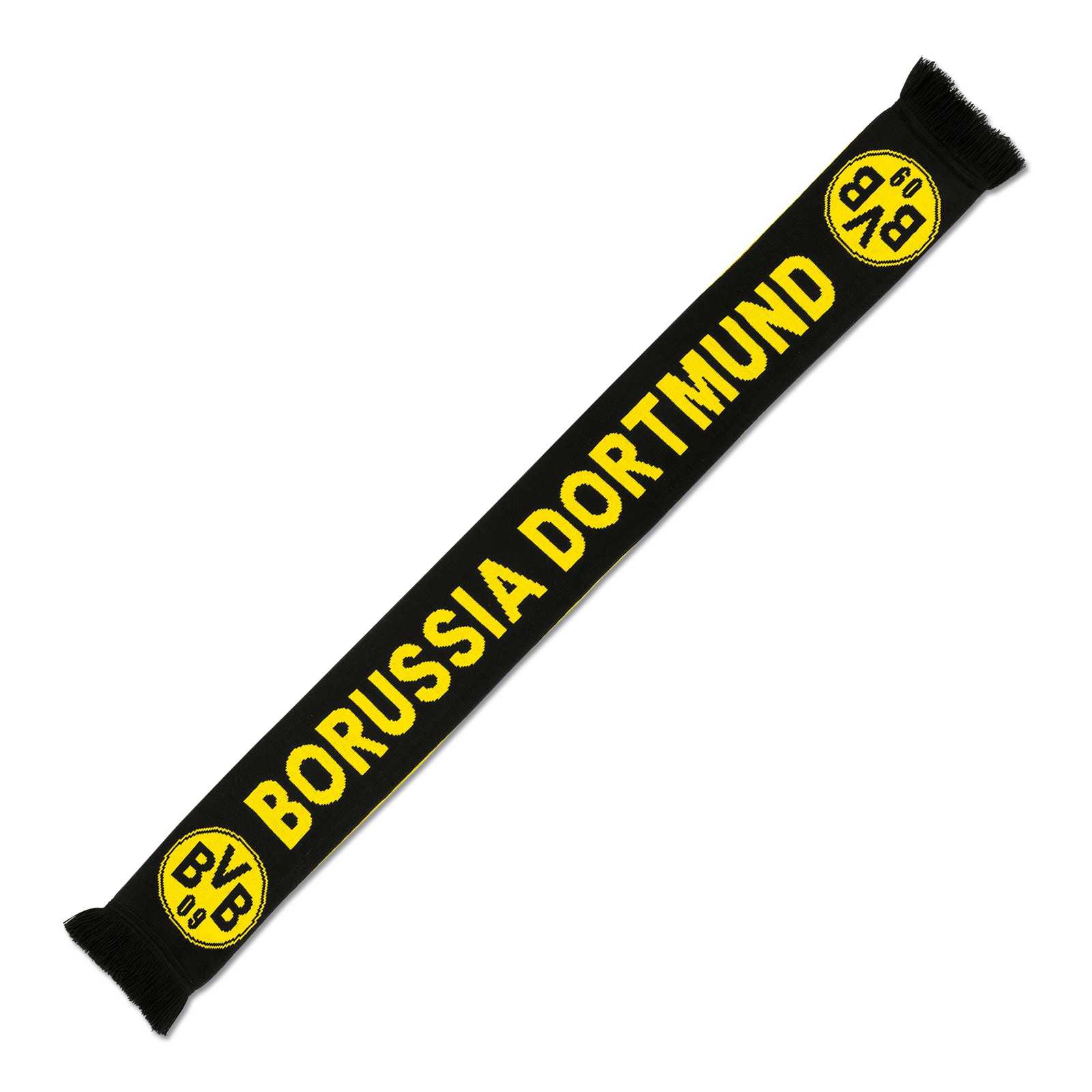 Schwarzgelber BVB-Schal-Borussia Dortmund in der Draufsicht mit gelbem Schriftzug "BORUSSIA DORTMUND" und zwei BVB-Emblemen an den Enden.