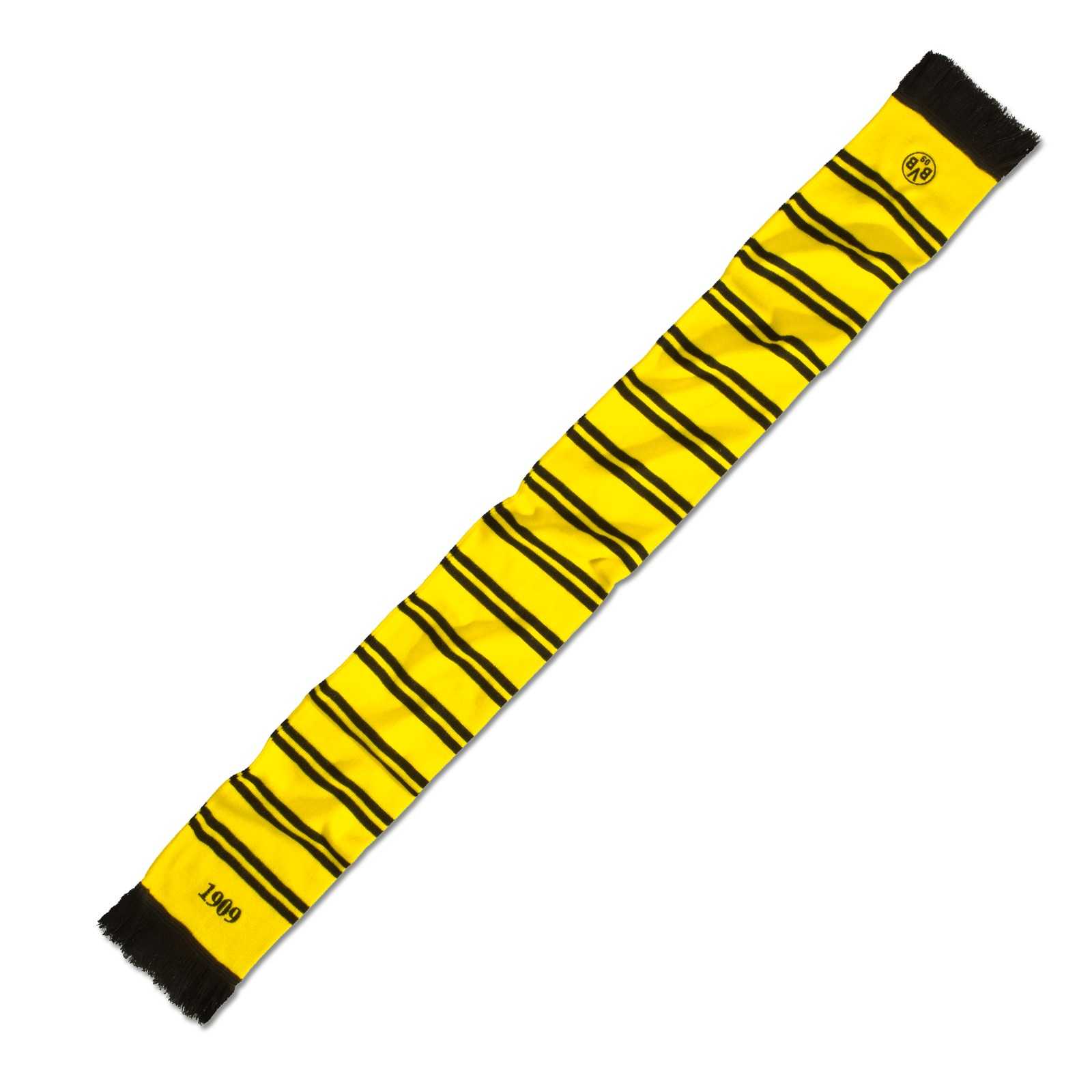 Vorderansicht des BVB-Schals mit Ringelstreifen (gelb), schwarzgelbes Design mit schwarzen Fransen, BVB-Emblem und „1909“ an den Enden.