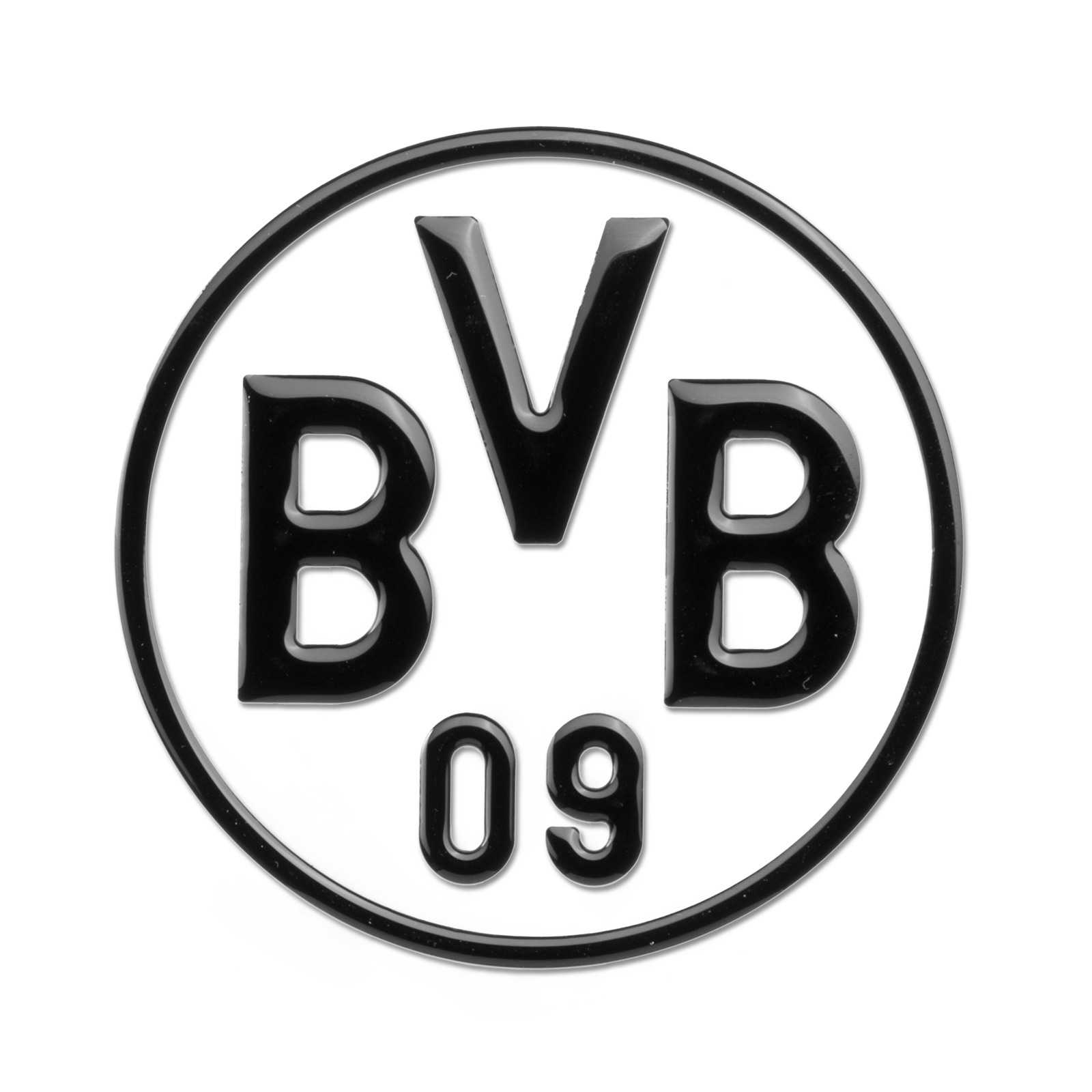 Nahaufnahme des BVB-Auto-Aufklebers (schwarz) mit schwarzem BVB 09-Emblem in Kreisform auf weißem Hintergrund, Frontansicht.