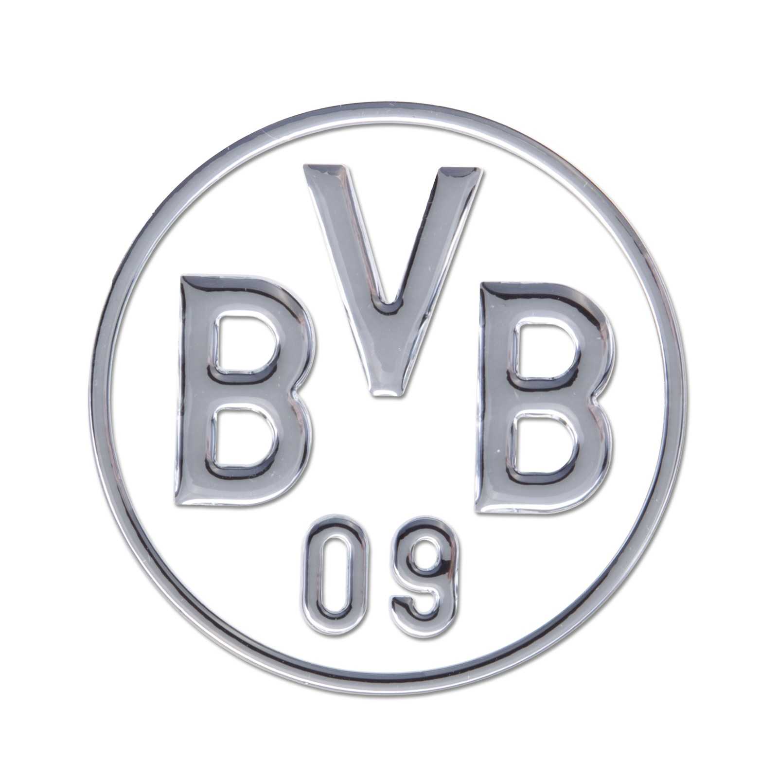 Frontalansicht des silbernen BVB-Auto-Aufklebers mit BVB 09-Emblem in glänzender Optik auf weißem Hintergrund.