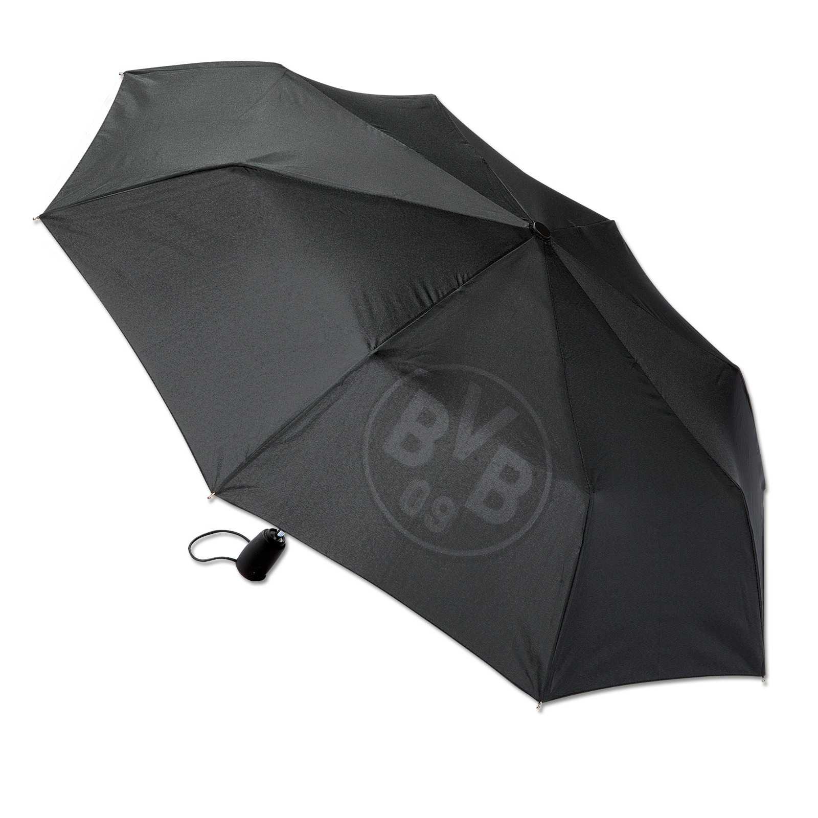 BVB-Regenschirm Automatik in schwarz mit dezentem BVB-Emblem, seitliche Ansicht des geöffneten Schirms und kleinem Griff.