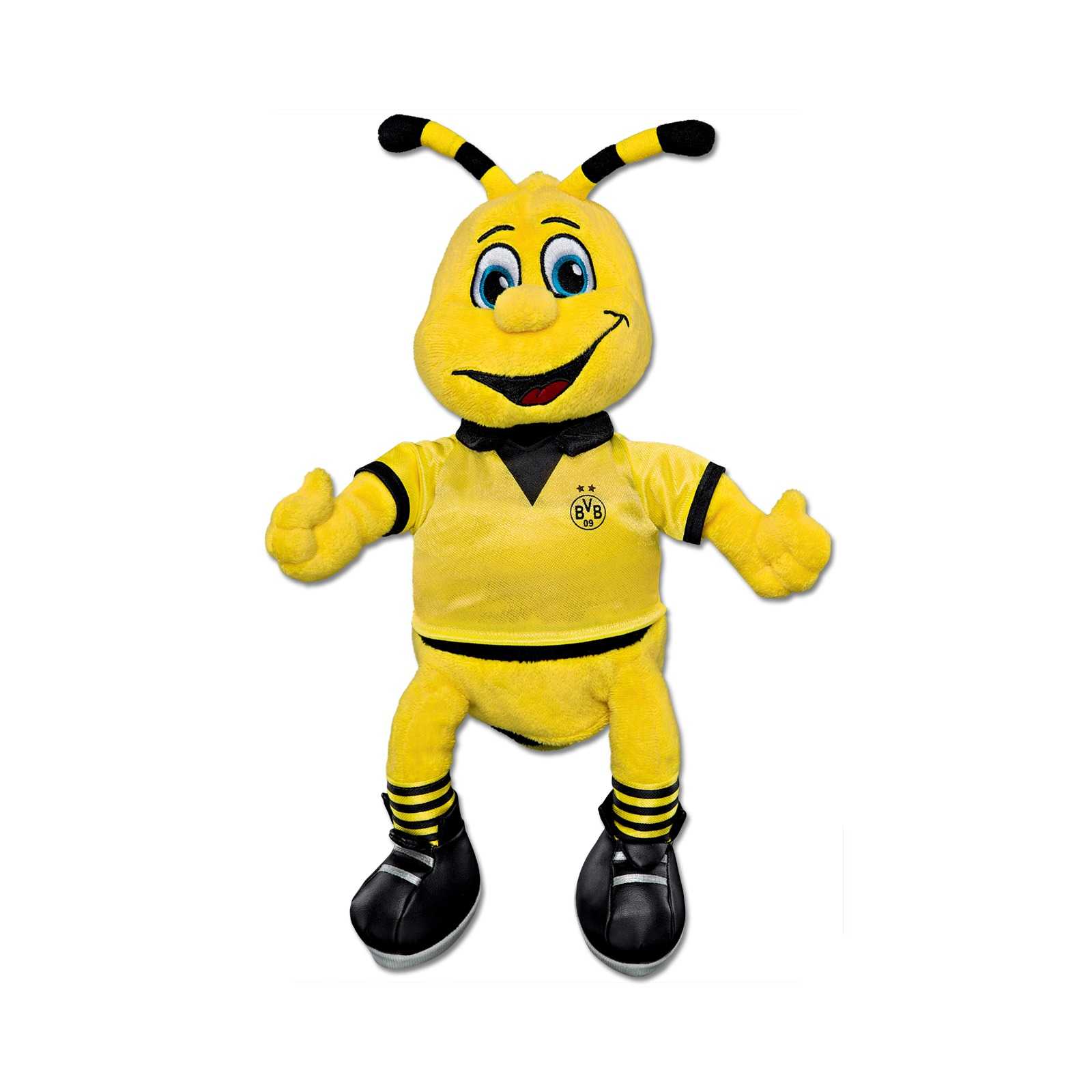 EMMA-Plüschfigur mit Saugnapf (20cm), frontal abgebildet im schwarzgelben BVB-Trikot mit BVB-Emblem auf der Brust und fröhlichem Gesicht.