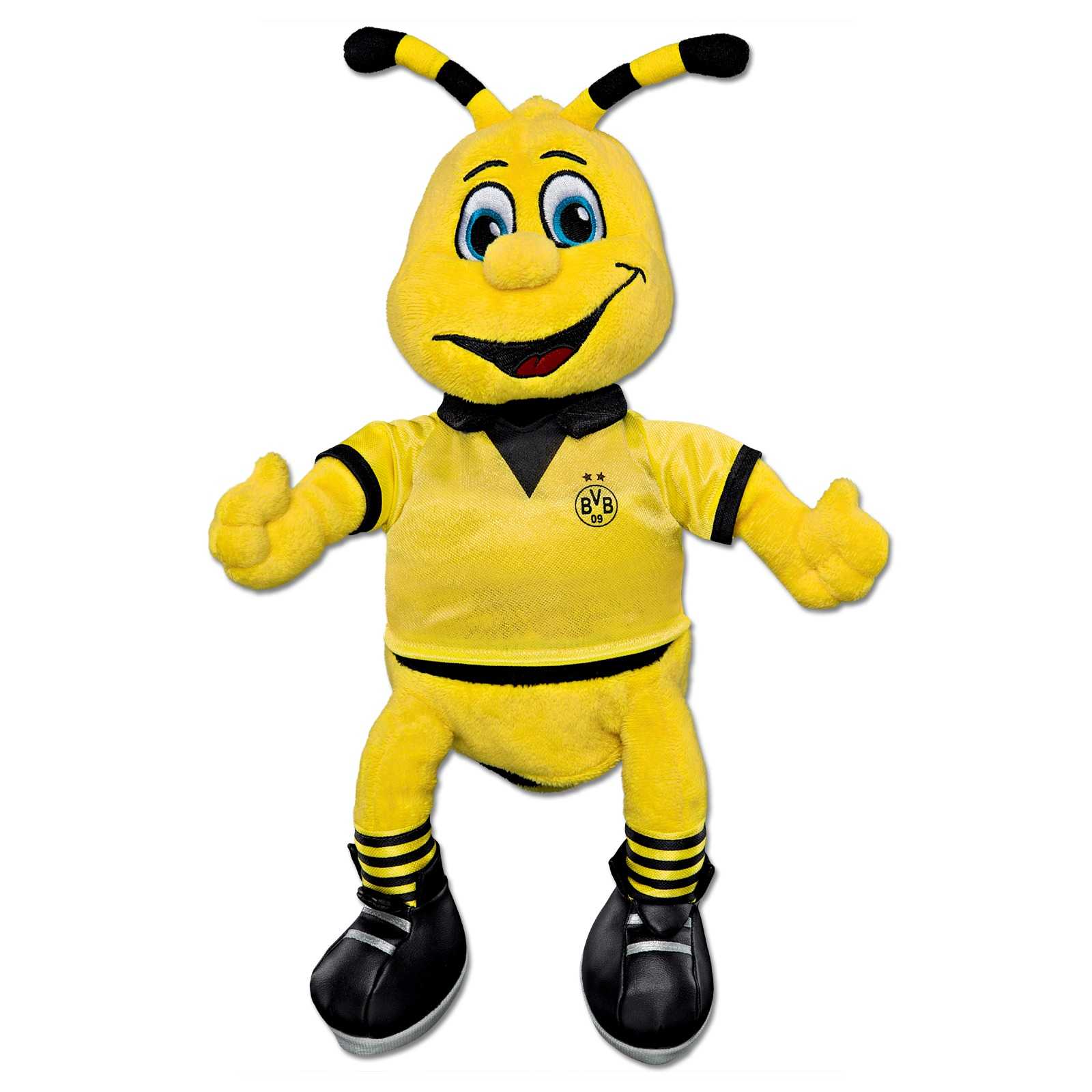 Frontalansicht der BVB-EMMA Plüschfigur mittel (30 cm) in schwarzgelbem Outfit mit BVB-Emblem auf der Brust und lächelndem Gesicht.