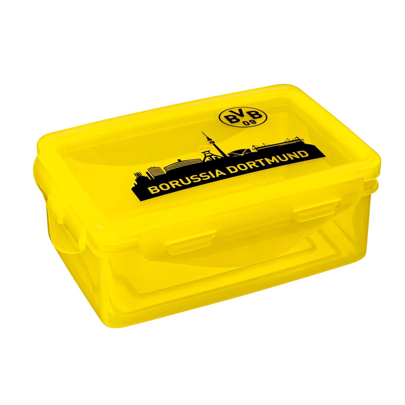 Vorderansicht der gelben BVB-Brotdose (2 Stück) mit schwarzgelbem Dortmund-Stadtsilhouetten-Design und BVB-Emblem auf dem Deckel.