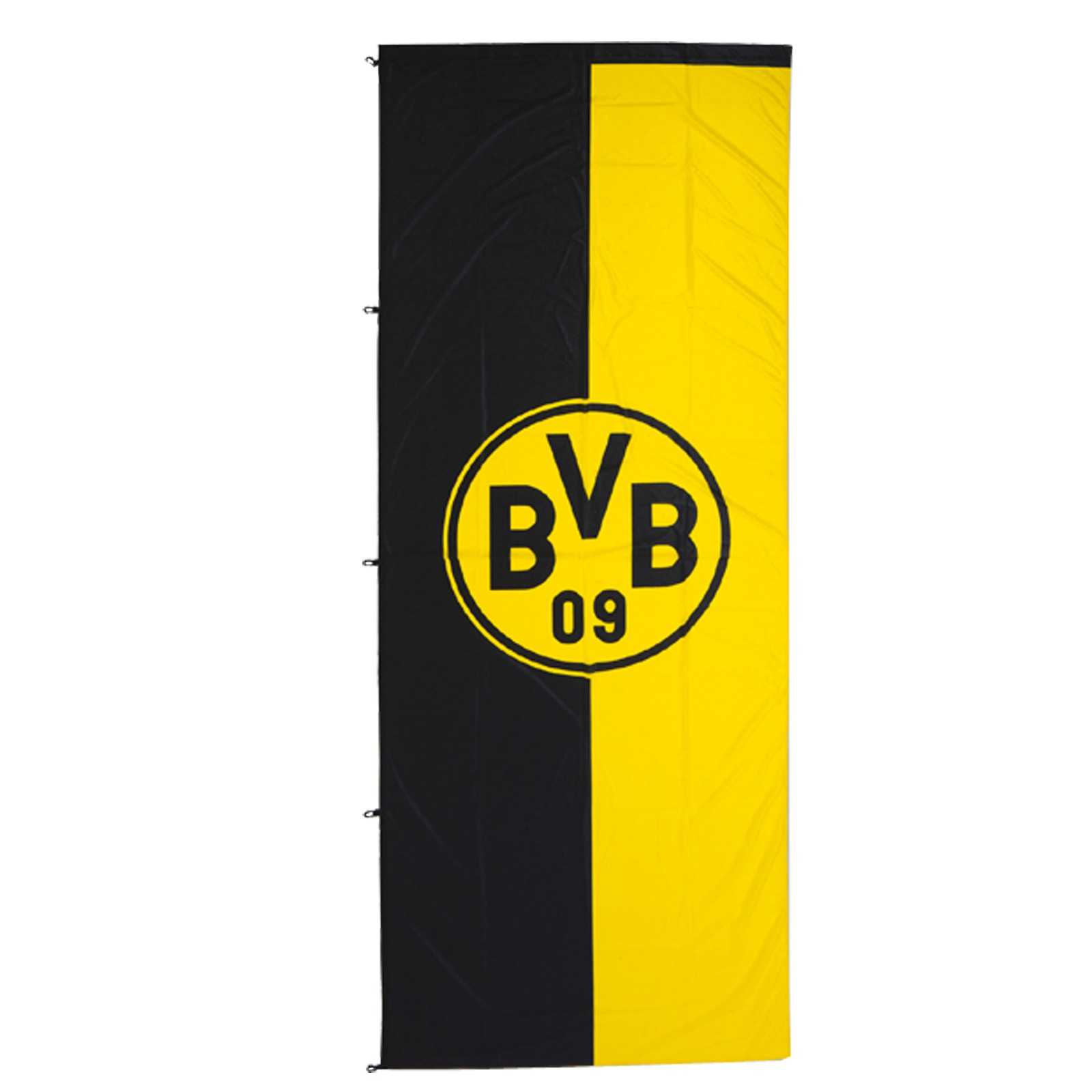 Frontansicht der BVB-Hissfahne im Hochformat (150x400 cm) in schwarzgelb mit großem zentralen BVB-Emblem auf zweigeteiltem Hintergrund.