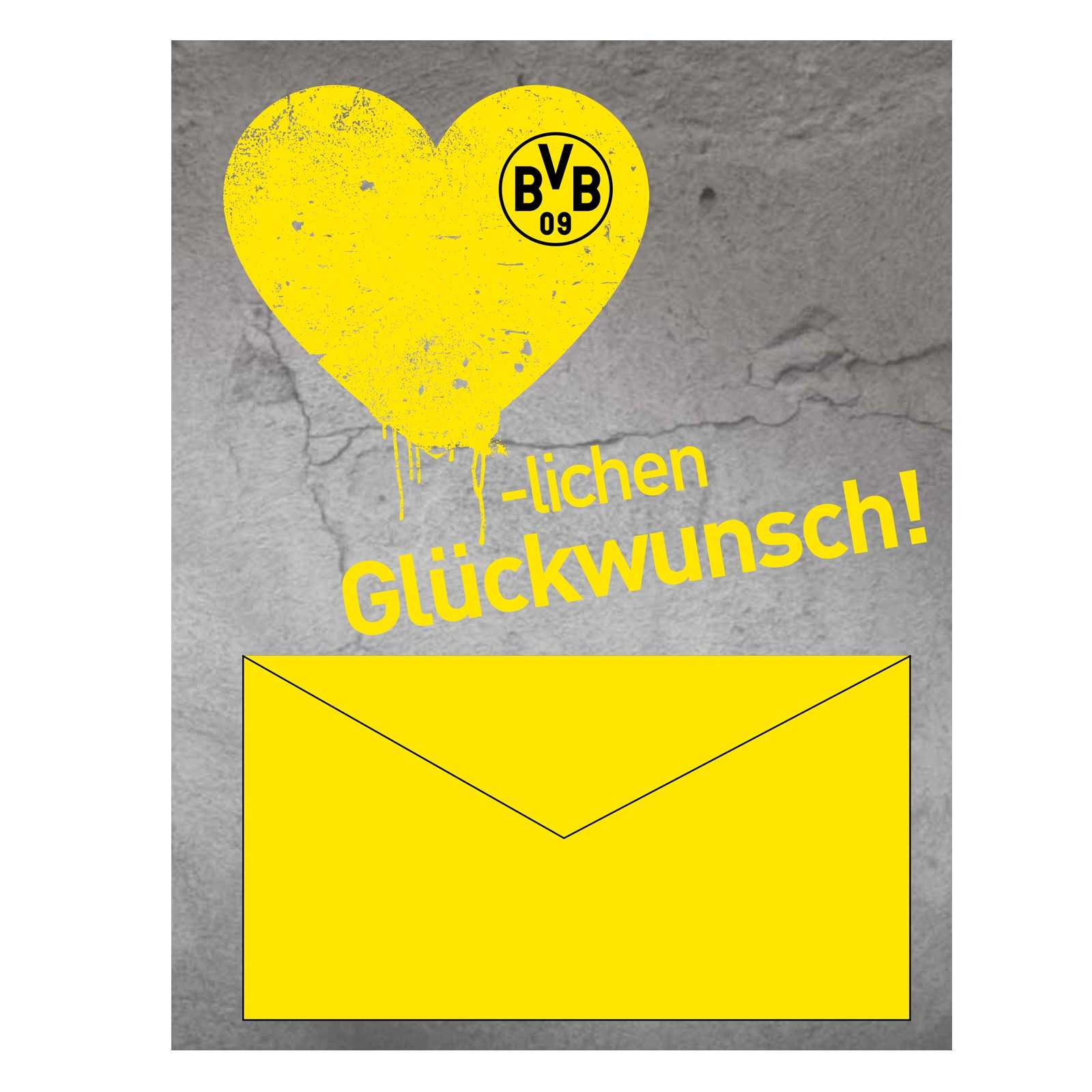 Vorderansicht der BVB-Geldscheinkarte mit gelbem Herz inklusive BVB-Emblem, Glückwunsch-Schriftzug und gelbem Umschlag auf grauem Hintergrund.