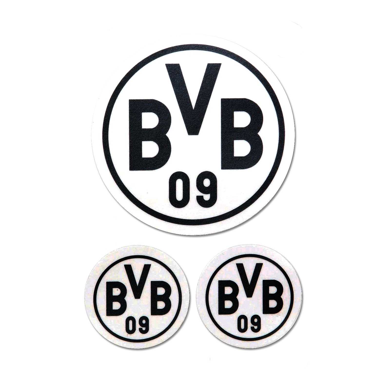 Frontalansicht des schwarz-weißen BVB 09-Aufkleber 3er-Sets mit drei runden Stickern im klassischen Vereinsdesign und BVB-Emblem.