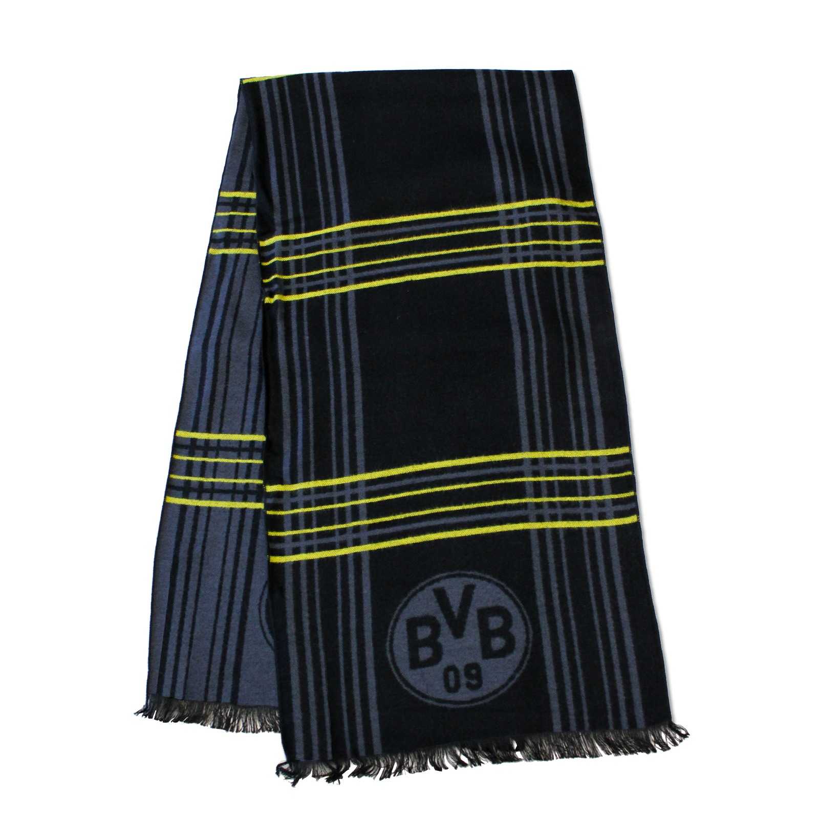 Der zusammengefaltete, schwarze Schal mit gelben und grauen Streifen und grauem BVB-Emblem