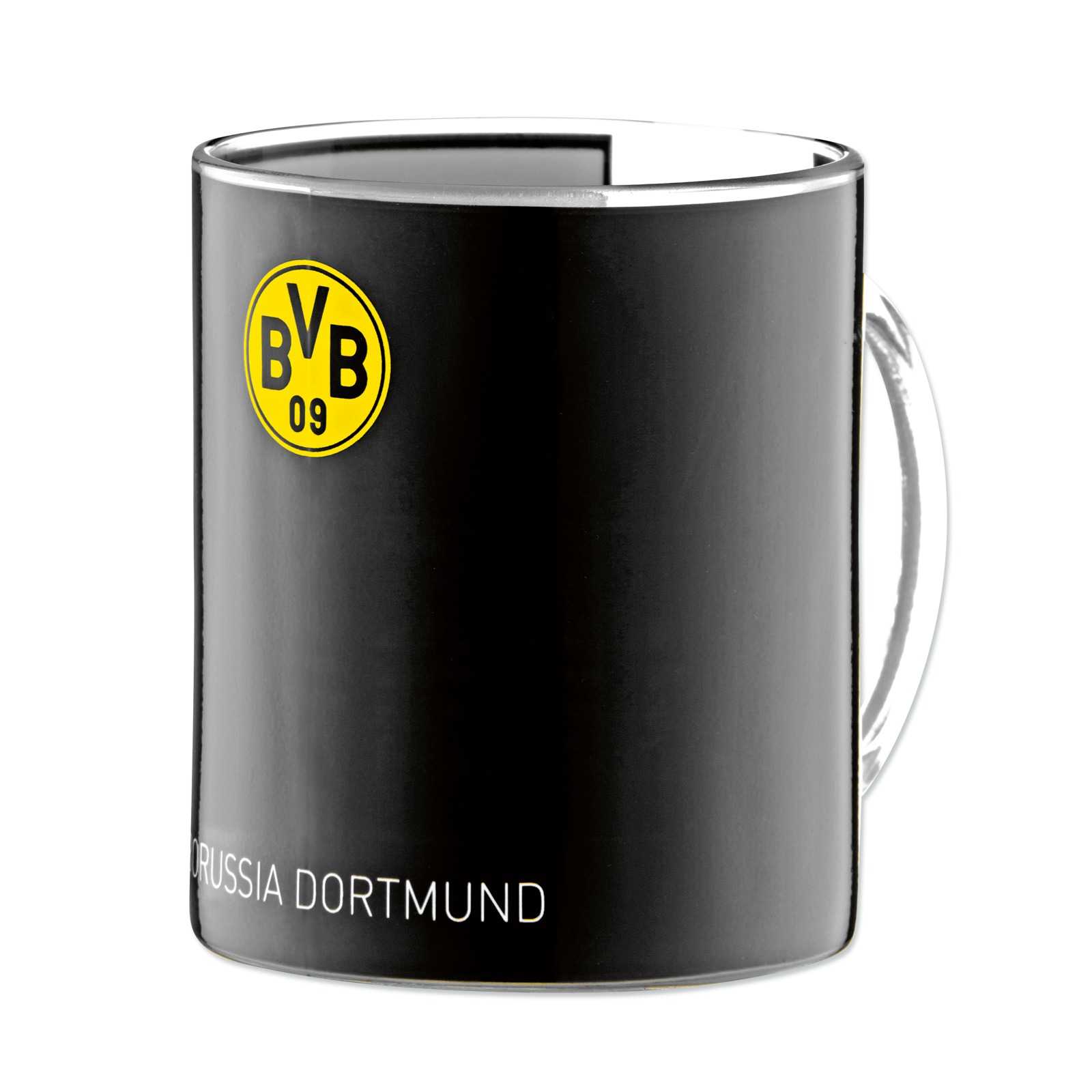 Vorderansicht des BVB-Zauberglas in schwarz mit gelbem BVB-Emblem und dem Schriftzug "Borussia Dortmund" am unteren Rand.