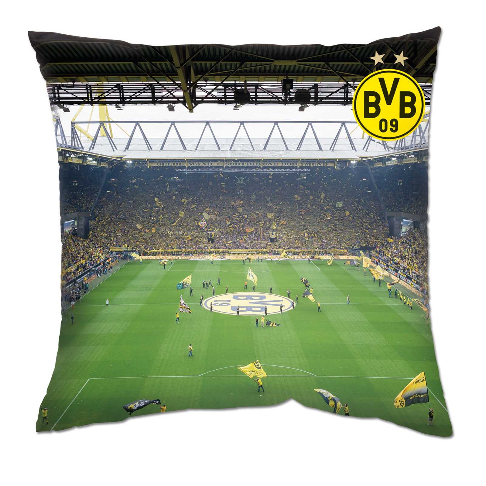 Vorderansicht des BVB-Kissens Südtribüne mit Stadionmotiv aus dem SIGNAL IDUNA PARK und BVB-Emblem in schwarzgelb oben rechts.