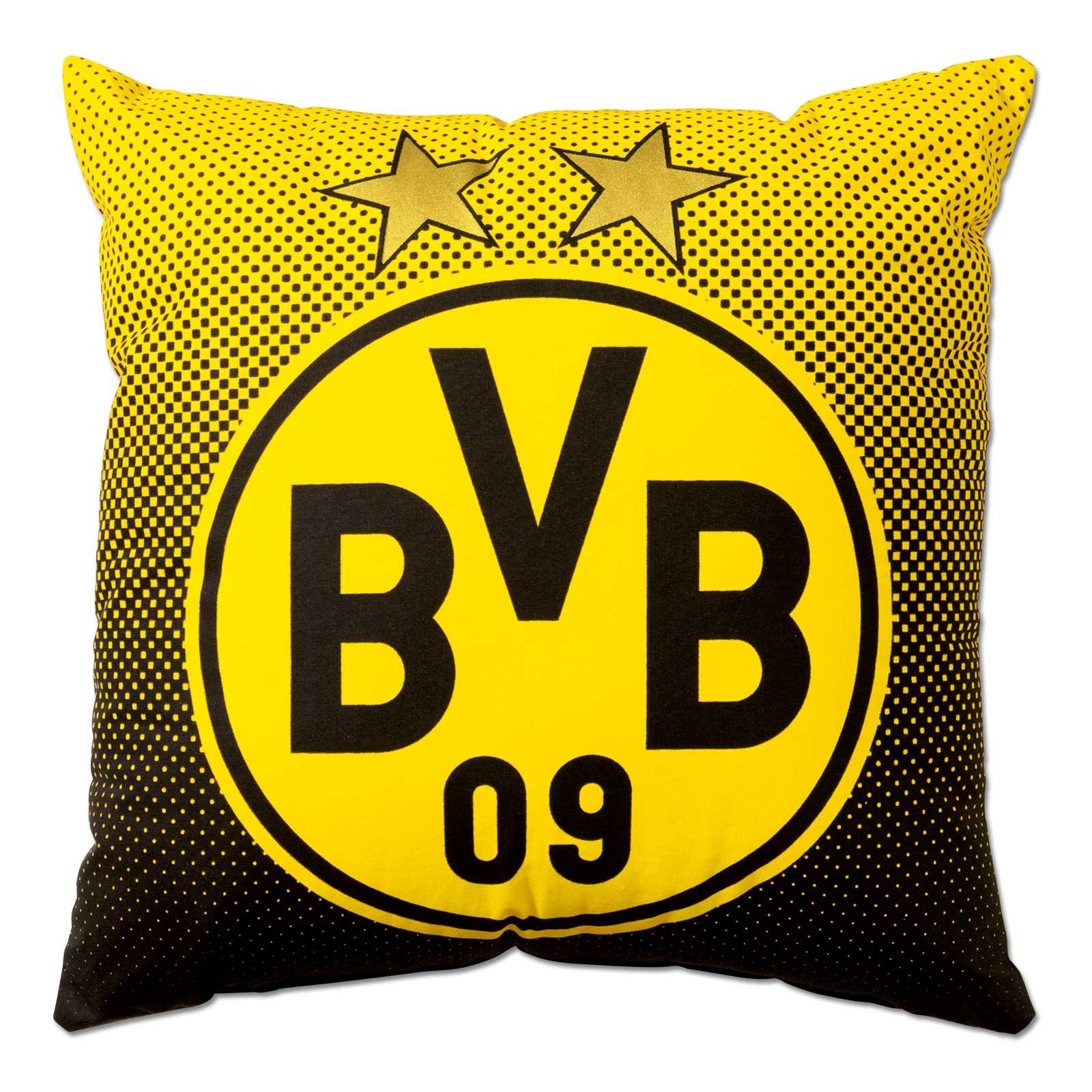 Vorderansicht des BVB-Kissens mit Emblem (40x40cm) in schwarzgelb, großem BVB-Emblem und zwei Sternen auf einem dynamischen Punktmuster.