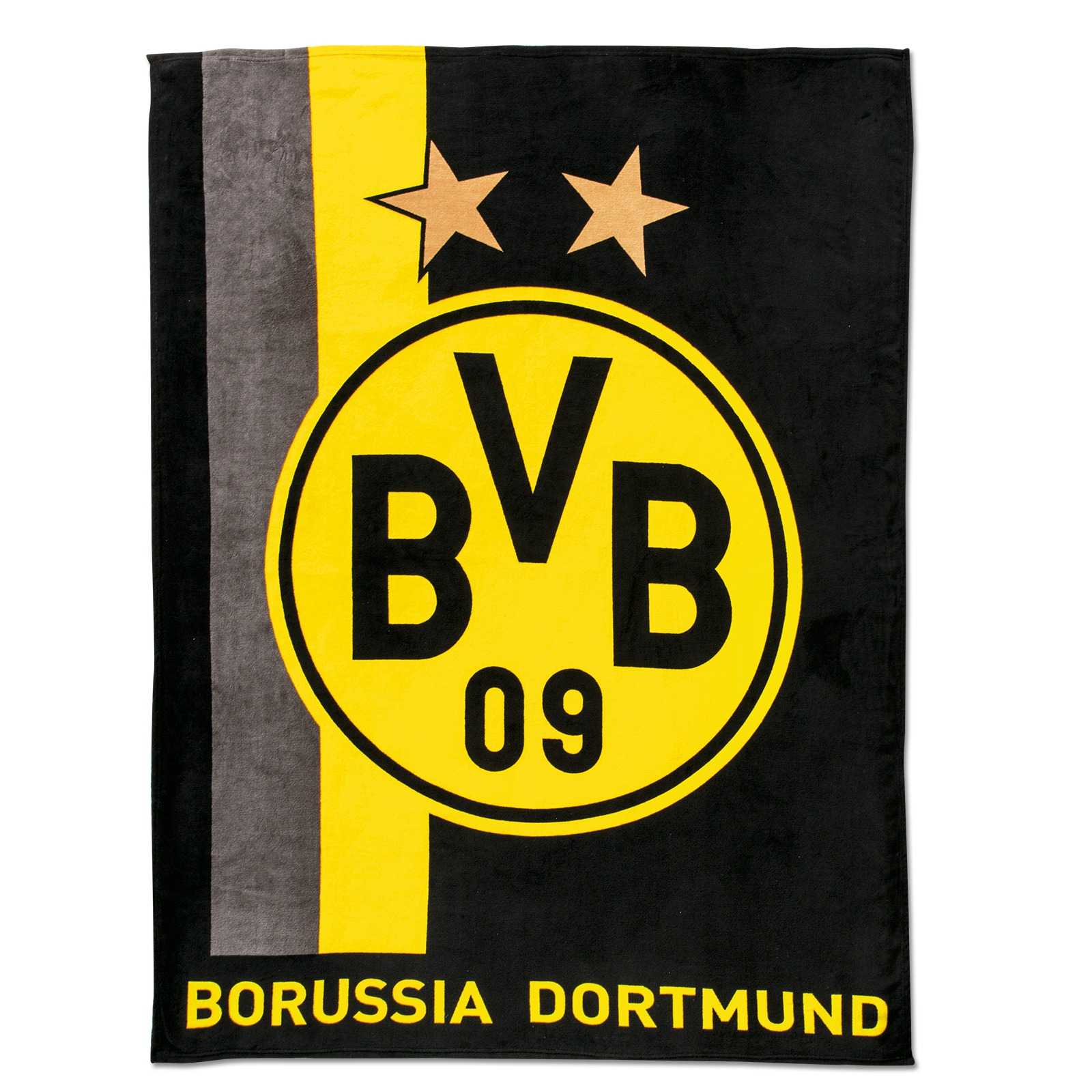 Vorderansicht der BVB-Fleecedecke mit Streifenmuster in schwarzgelb und grau, großem BVB-Emblem und „BORUSSIA DORTMUND“-Schriftzug.
