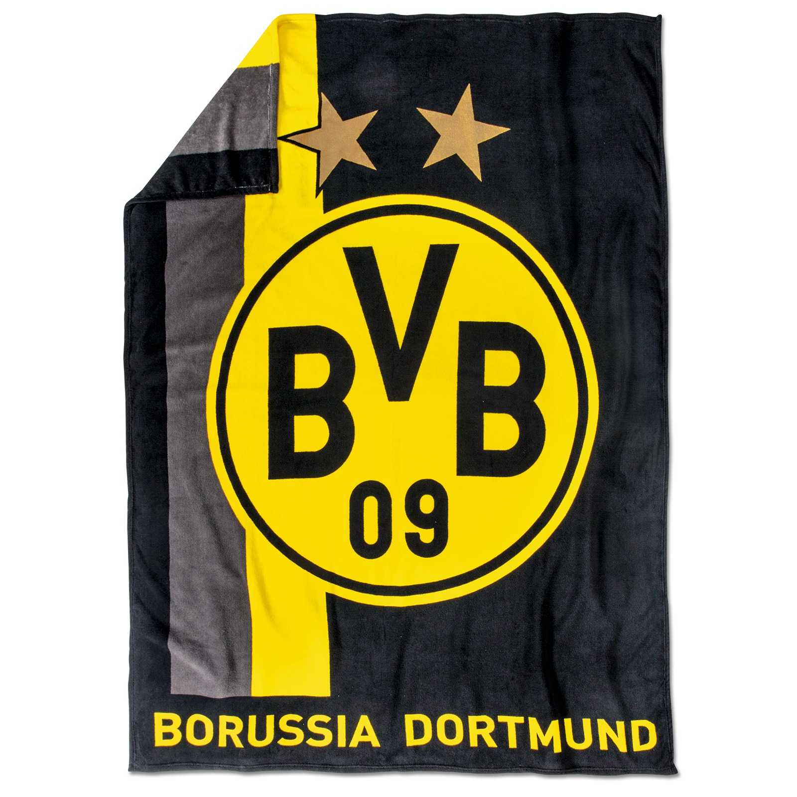 Vorderansicht der schwarzgelben BVB-Fleecedecke mit Streifenmuster, großem BVB-Emblem, zwei Sternen und „Borussia Dortmund“-Schriftzug.