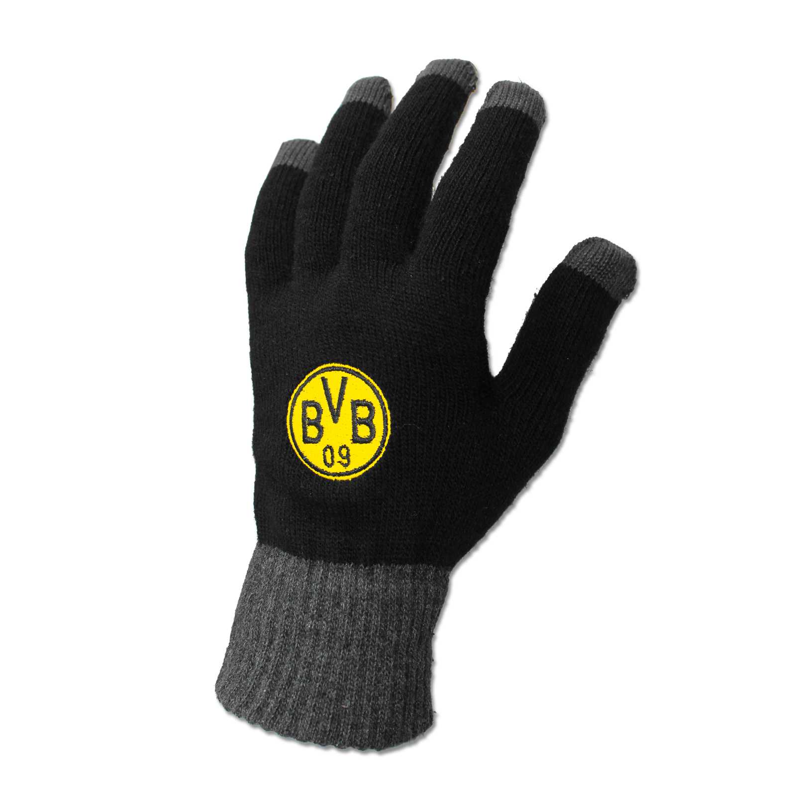 Einzelner schwarzgrauer BVB-Smartphone-Handschuh in Vorderansicht mit gestricktem BVB-Emblem auf dem Handrücken und grauen Fingerspitzen.