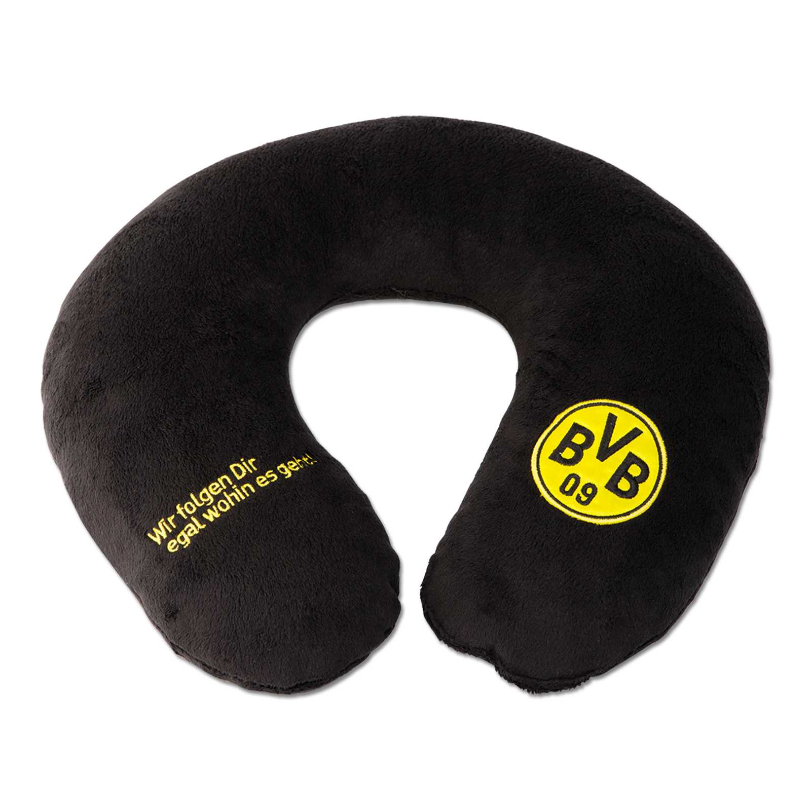 Vorderansicht des schwarzgelben BVB-Nackenkissens mit gesticktem BVB-Emblem und gelbem Schriftzug „Wir folgen Dir egal wohin es geht.“.