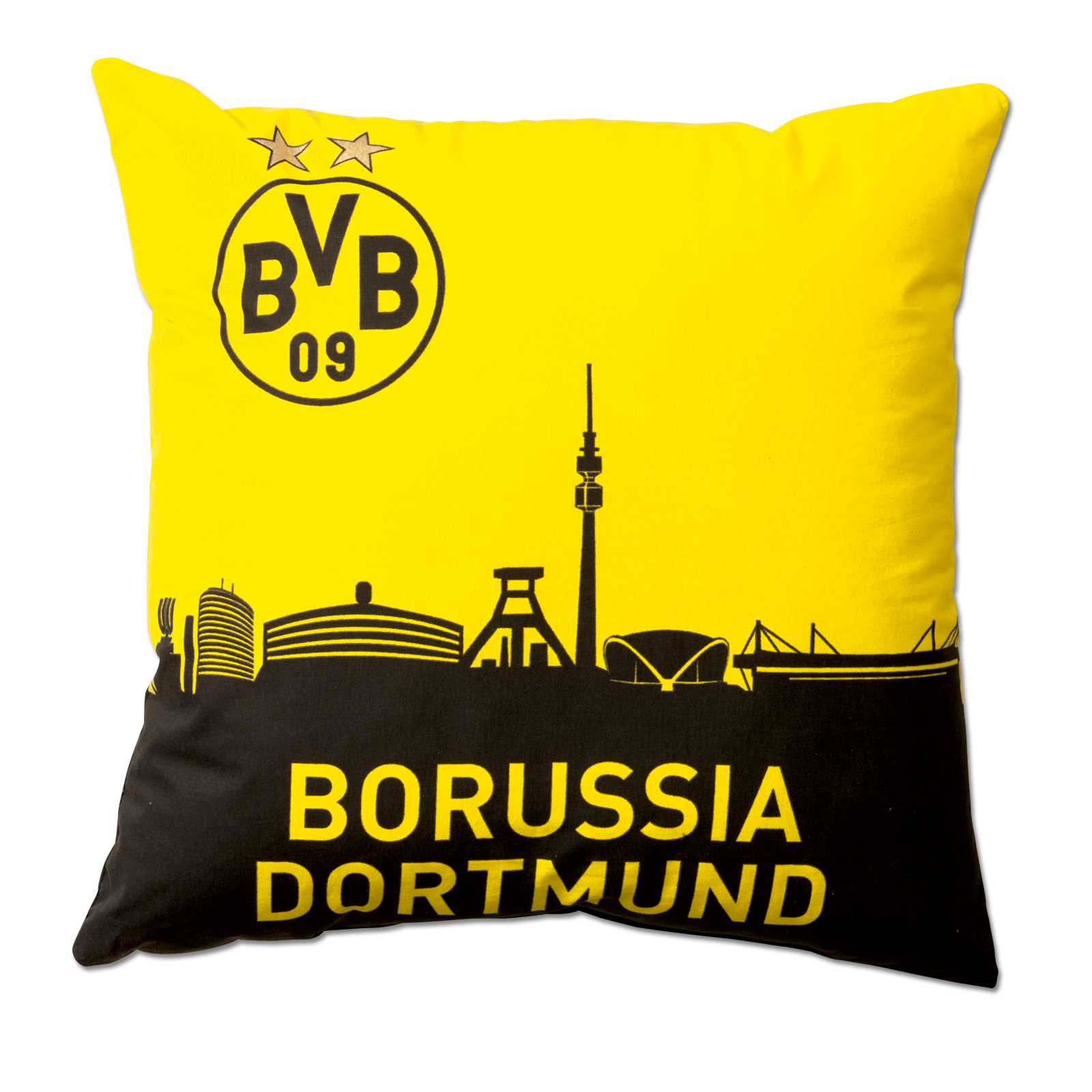 Vorderansicht des BVB-Kissens mit Skyline (40 x 40cm) in schwarzgelb, mit BVB-Emblem und Dortmund-Silhouette auf der Kissenfront.