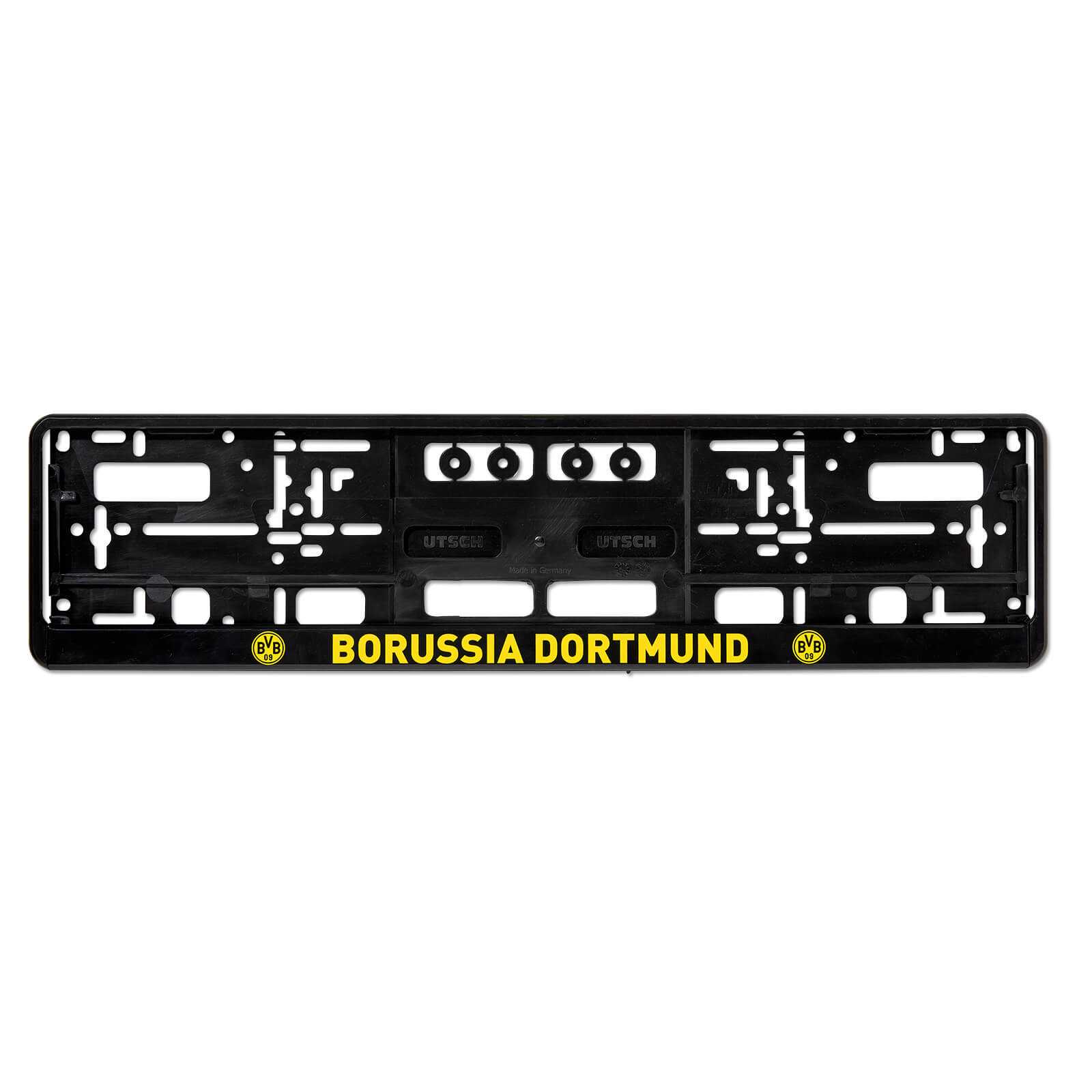 Frontansicht des Borussia Dortmund-Kennzeichenverstärkers in schwarzgelb mit gelbem BVB-Schriftzug und zwei BVB-Emblemen rechts und links.
