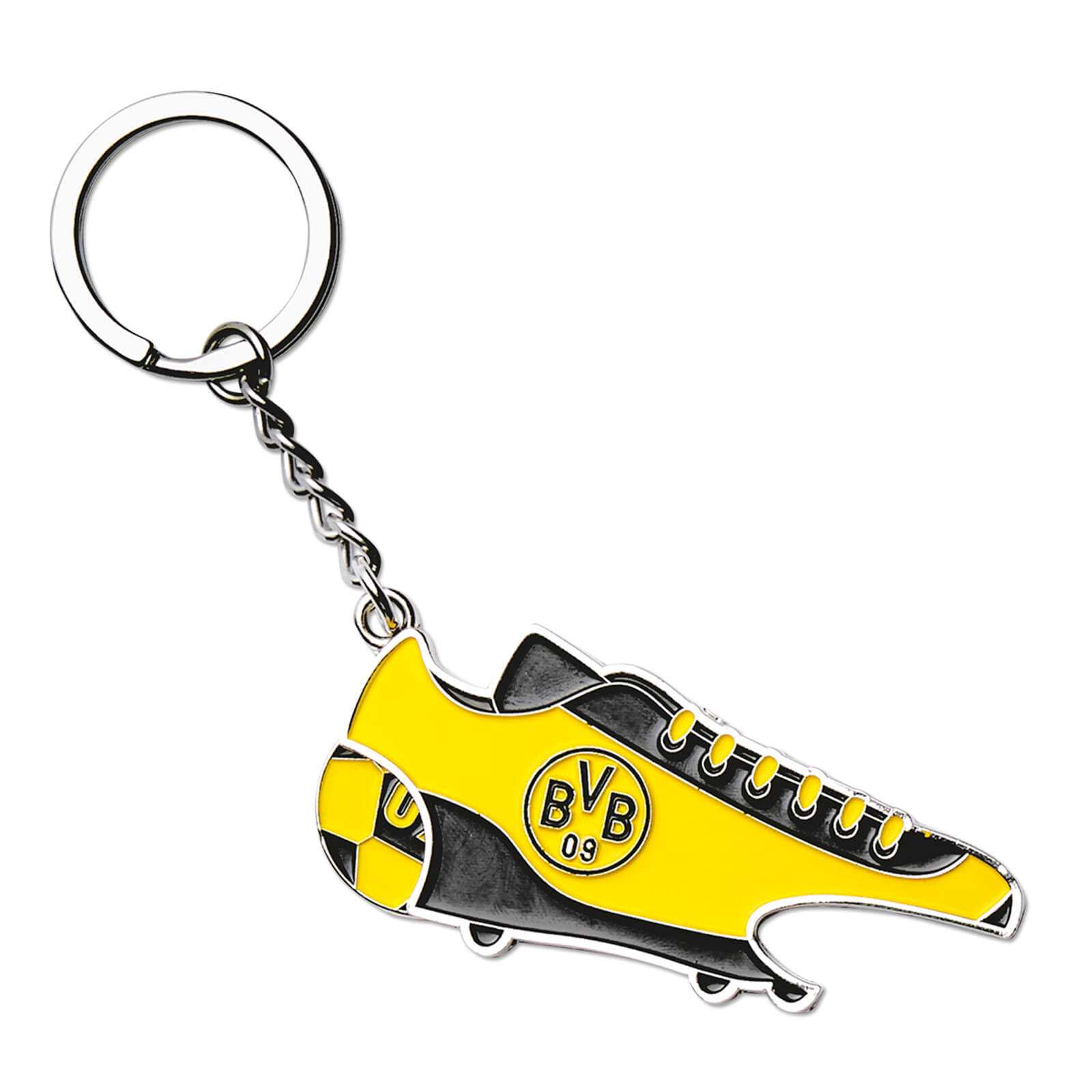 Vorderansicht des BVB-Schlüsselanhängers mit Einkaufschip und Öffner in schwarzgelber Schuhform, mittig das BVB-Emblem deutlich sichtbar.