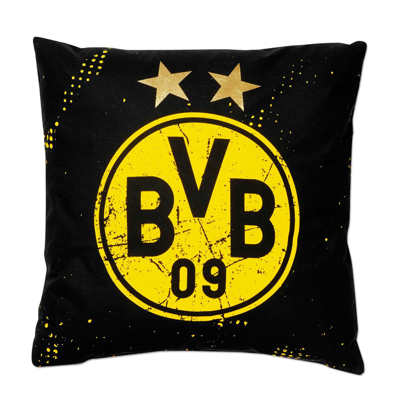 Vorderansicht des schwarzgelben BVB-Kissen Sterne mit großem BVB-Emblem und zwei goldenen Sternen auf schwarzem Hintergrund.