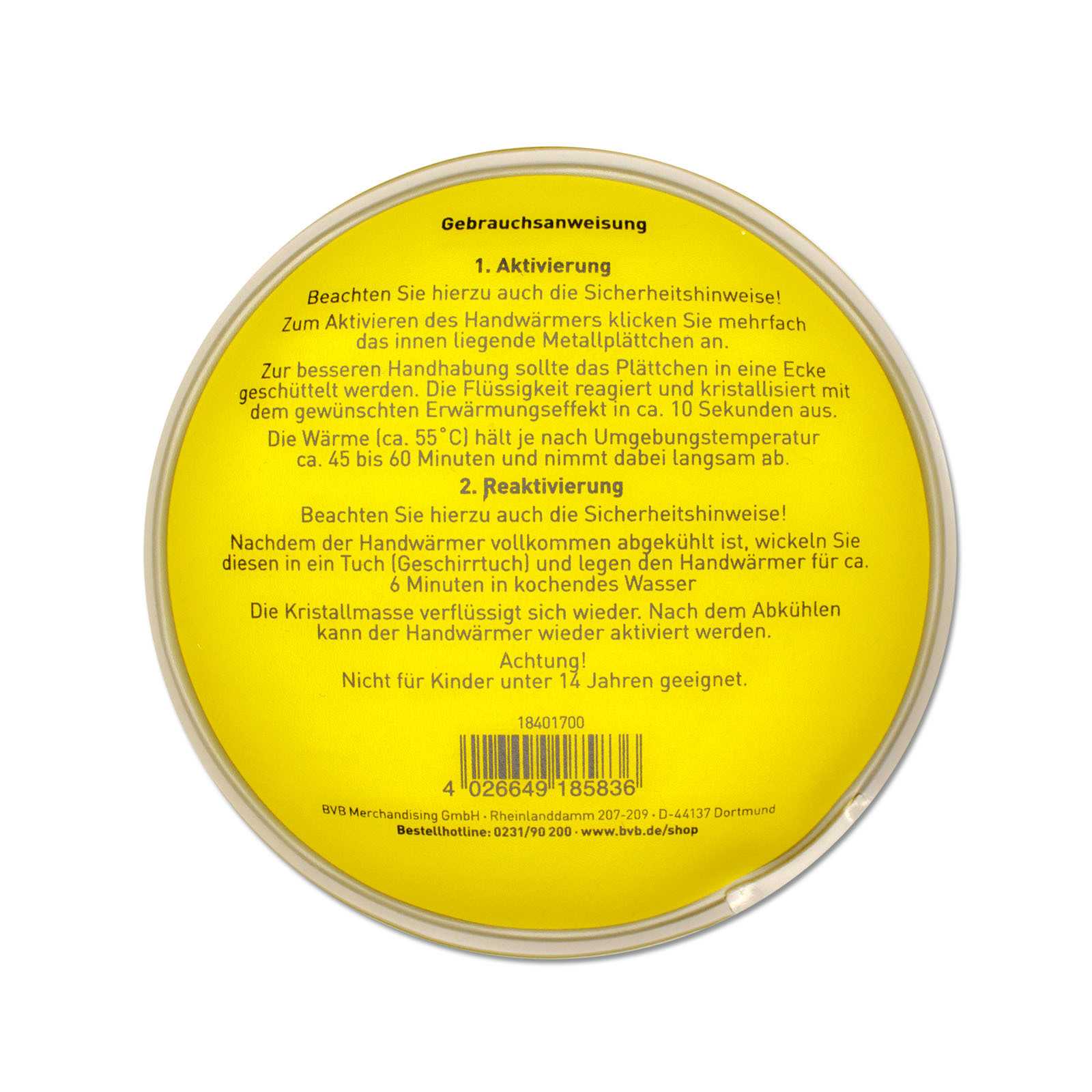 Detailansicht des gelben BVB-Handwärmers mit Gebrauchsanweisung und Barcode auf der Rückseite. Schwarzgelbe Gestaltung, BVB-Branding erkennbar.
