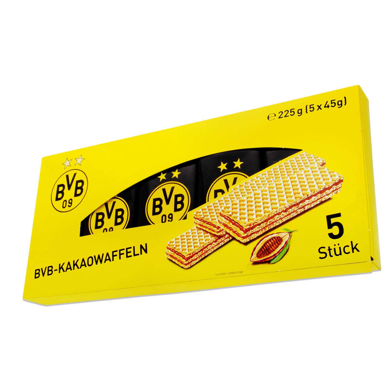 Vorderansicht der gelben Verpackung der BVB-Kakaowaffeln (225g) mit BVB-Emblem, Abbildung von Waffeln und schwarzem BVB-Branding.