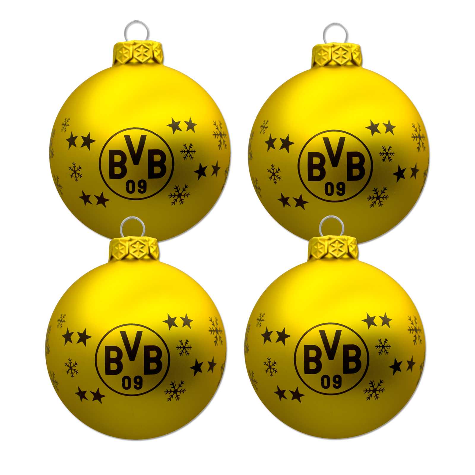 Vorderansicht des BVB-Christbaumkugeln (4er Set) in gelb mit schwarzgelbem BVB-Emblem, Sternen und Schneeflocken verziert.