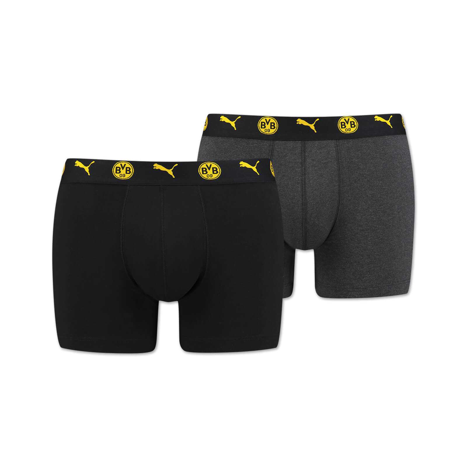 Vorderansicht der BVB-Boxershorts (Puma) schwarzgelb 2er Pack mit BVB-Emblem und Puma-Logo am Bund, ein Paar in Schwarz, das andere in Dunkelgrau.