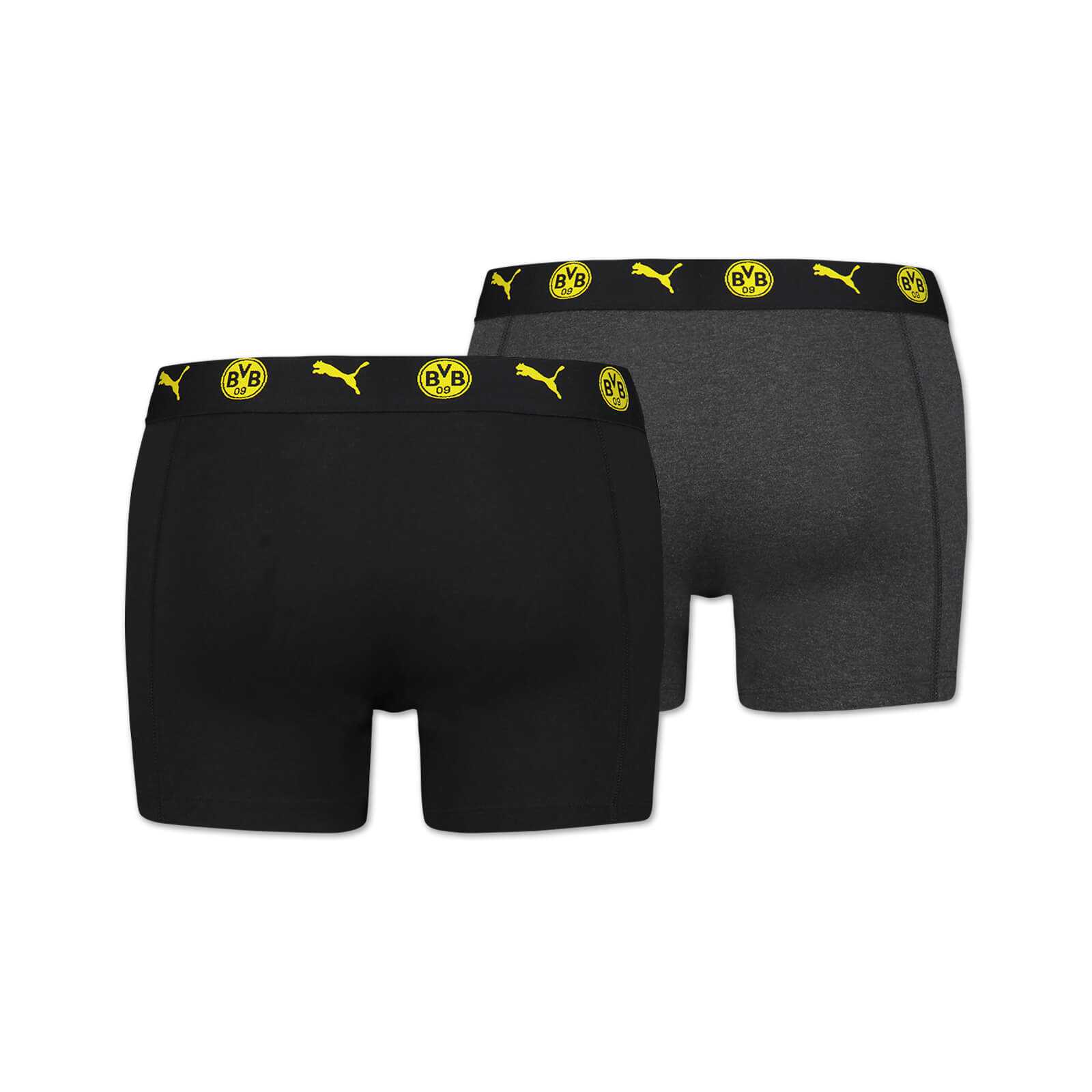 Rückansicht der BVB-Boxershorts (Puma) schwarzgelb im 2er Pack mit elastischem Bund, BVB-Emblem und Puma-Logo in gelb auf schwarzem Grund.