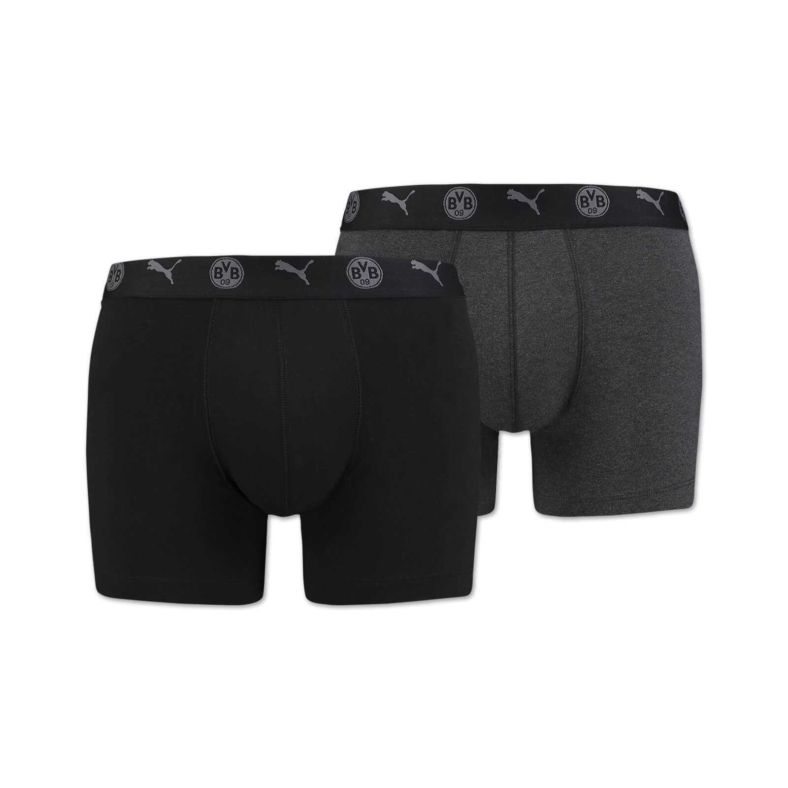 Vorderansicht des BVB-Boxershorts (Puma) schwarzgrau 2er Pack mit BVB-Emblem und Puma-Logo am Bund, ein Paar in Schwarz, ein Paar in Grau.