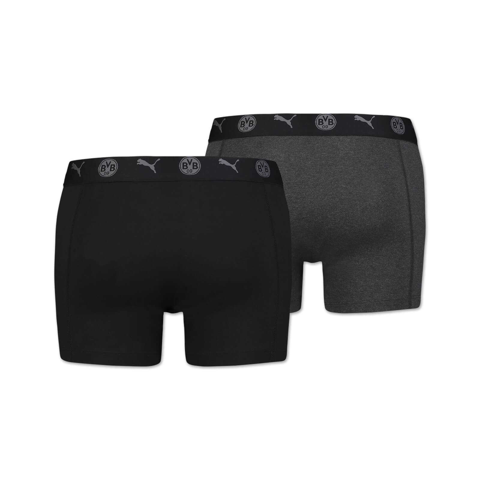 Rückansicht der BVB-Boxershorts (Puma) schwarzgrau im 2er Pack, beide mit BVB-Emblem und Puma-Logo auf dem Bund.