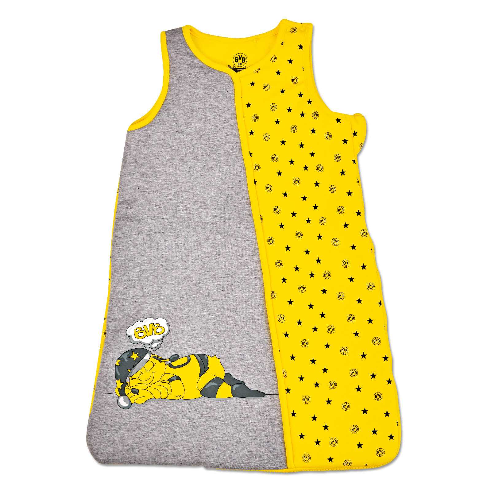 Vorderansicht des EMMA-Babyschlafsacks in grau und gelb mit schwarzgelbem EMMA-Motiv, BVB-Emblem am Kragen und Sternen- sowie BVB-Muster.