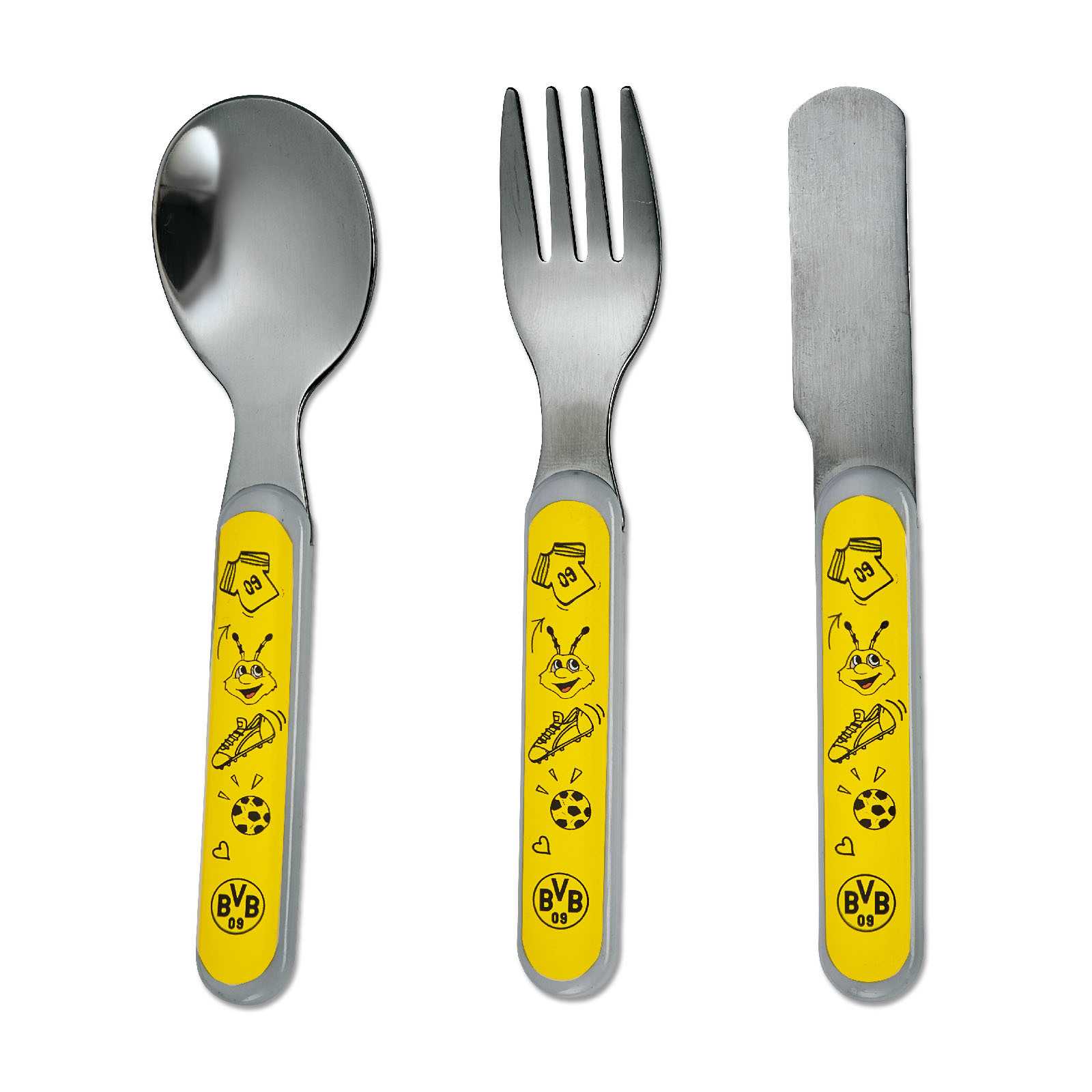 Vorderansicht des BVB-Kinderbestecks bestehend aus Löffel, Gabel und Messer mit gelben Griffen, EMMA-Motiven und BVB-Emblem.