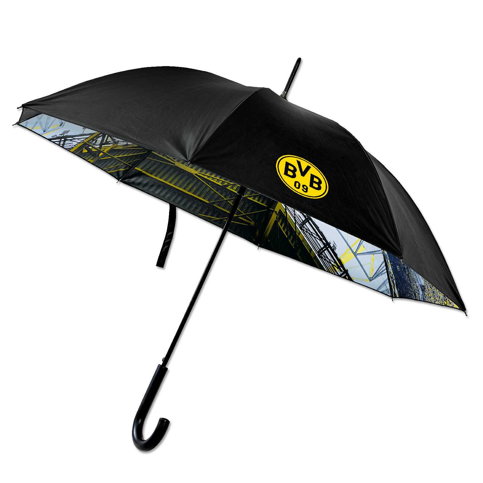 Schrägansicht des schwarzgelben BVB-Stockschirms Stadion mit BVB-Emblem und Stadionmotiv auf der Innenseite des Schirms.