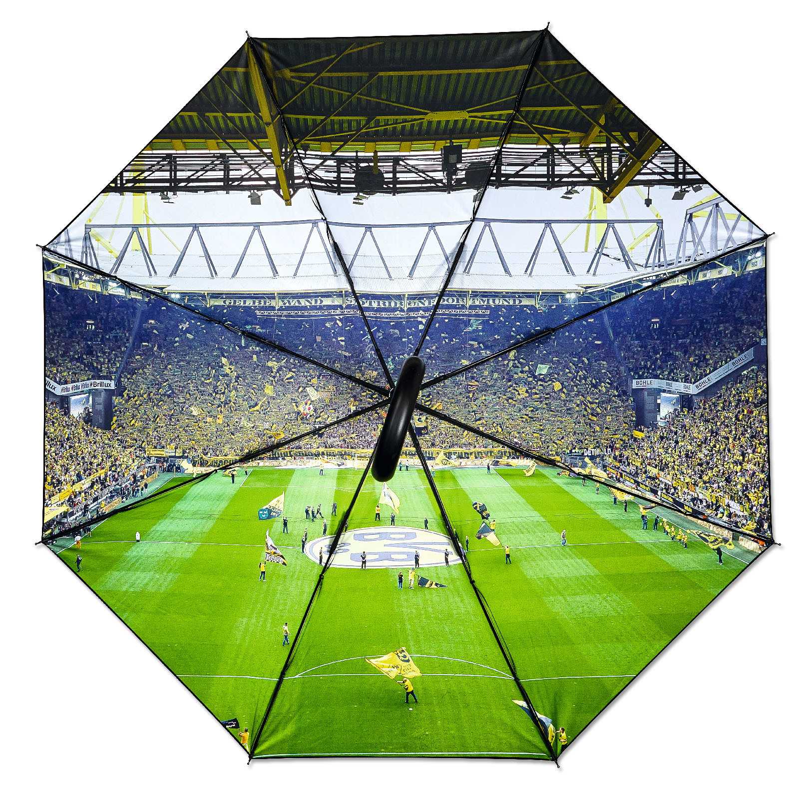 Aufgespannter BVB-Stockschirm Stadion in Vorderansicht, bedruckt mit einer Panoramaansicht des SIGNAL IDUNA PARKs und einer jubelnden schwarzgelben Kurve.