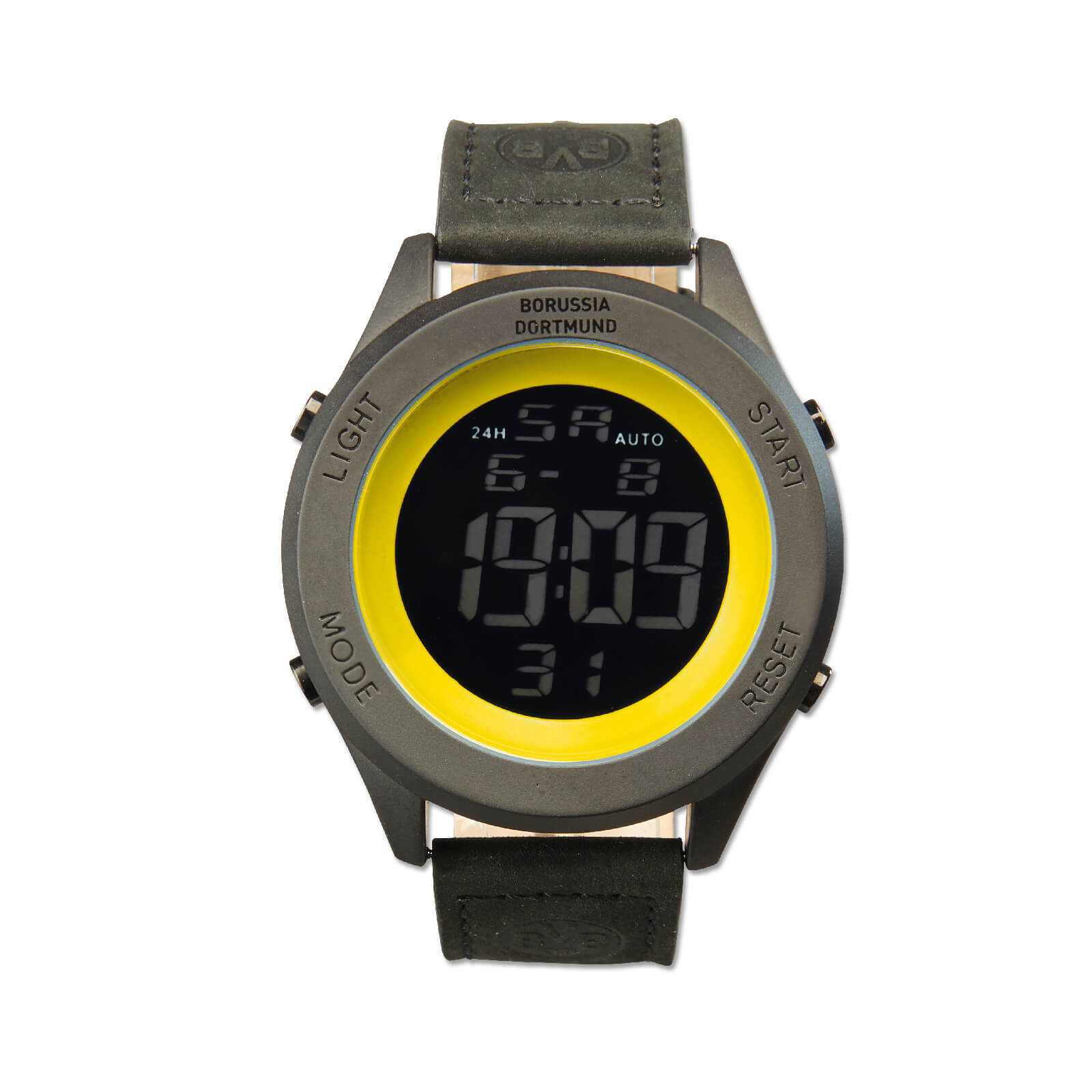 Vorderansicht der BVB-Digital Armbanduhr mit schwarzem Lederarmband, gelbem Rand und digitalem Display; Oberseite mit "Borussia Dortmund"-Schriftzug.