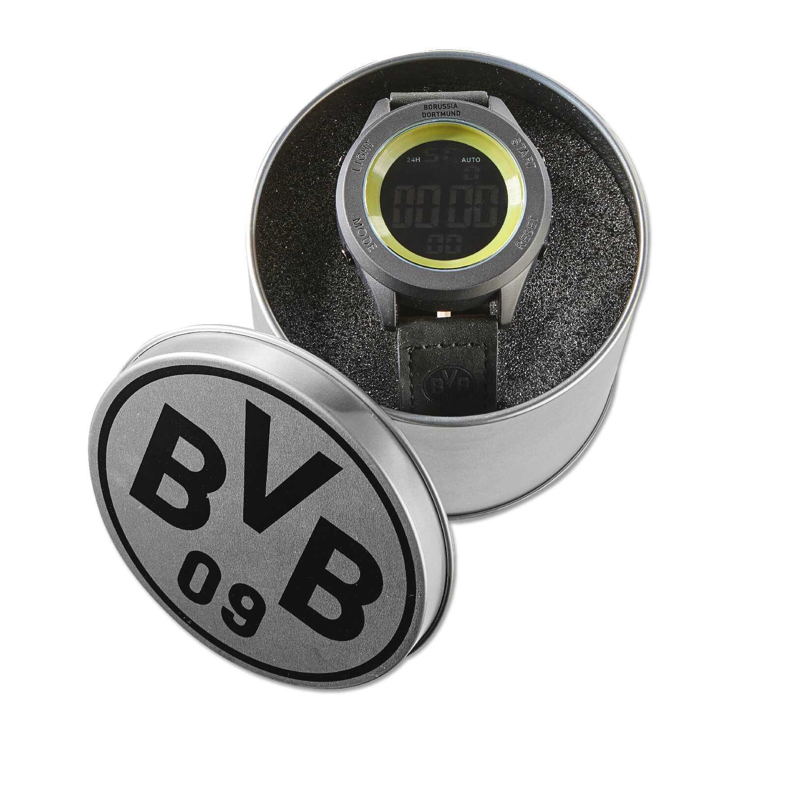 BVB-Digital Armbanduhr in schwarzgelber Optik, präsentiert in geöffneter Metalldose mit großem BVB 09-Emblem auf dem Deckel, Frontansicht.