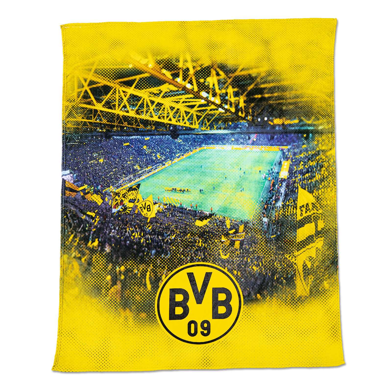 Vorderansicht der BVB-Fleecedecke mit Stadionprint (150x200cm) in schwarzgelb, großem BVB-Emblem und SIGNAL IDUNA PARK Motiv.