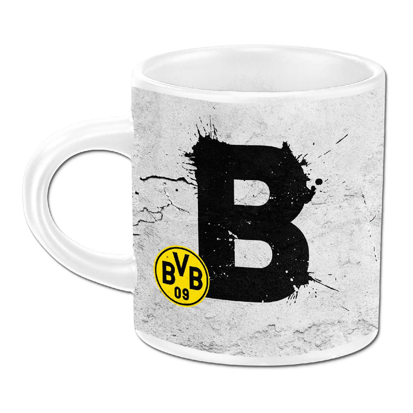 Vorderansicht der BVB-Tasse: A bis Z mit großem schwarzen Buchstaben "B" auf grauem Hintergrund und gelbem BVB-Emblem.