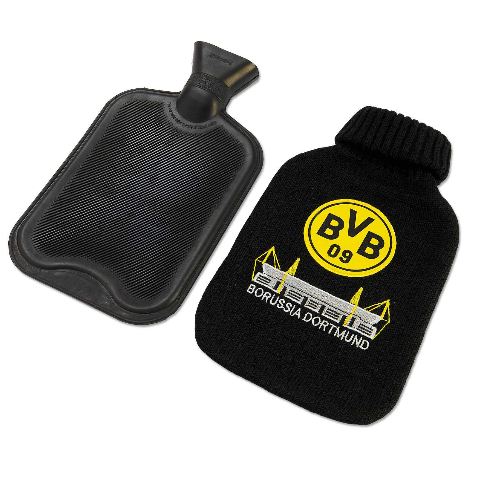 BVB-Wärmflasche in schwarzgelber Optik, Vorderansicht mit gestricktem Überzug, BVB-Emblem und Motiv des SIGNAL IDUNA PARK auf der Hülle.