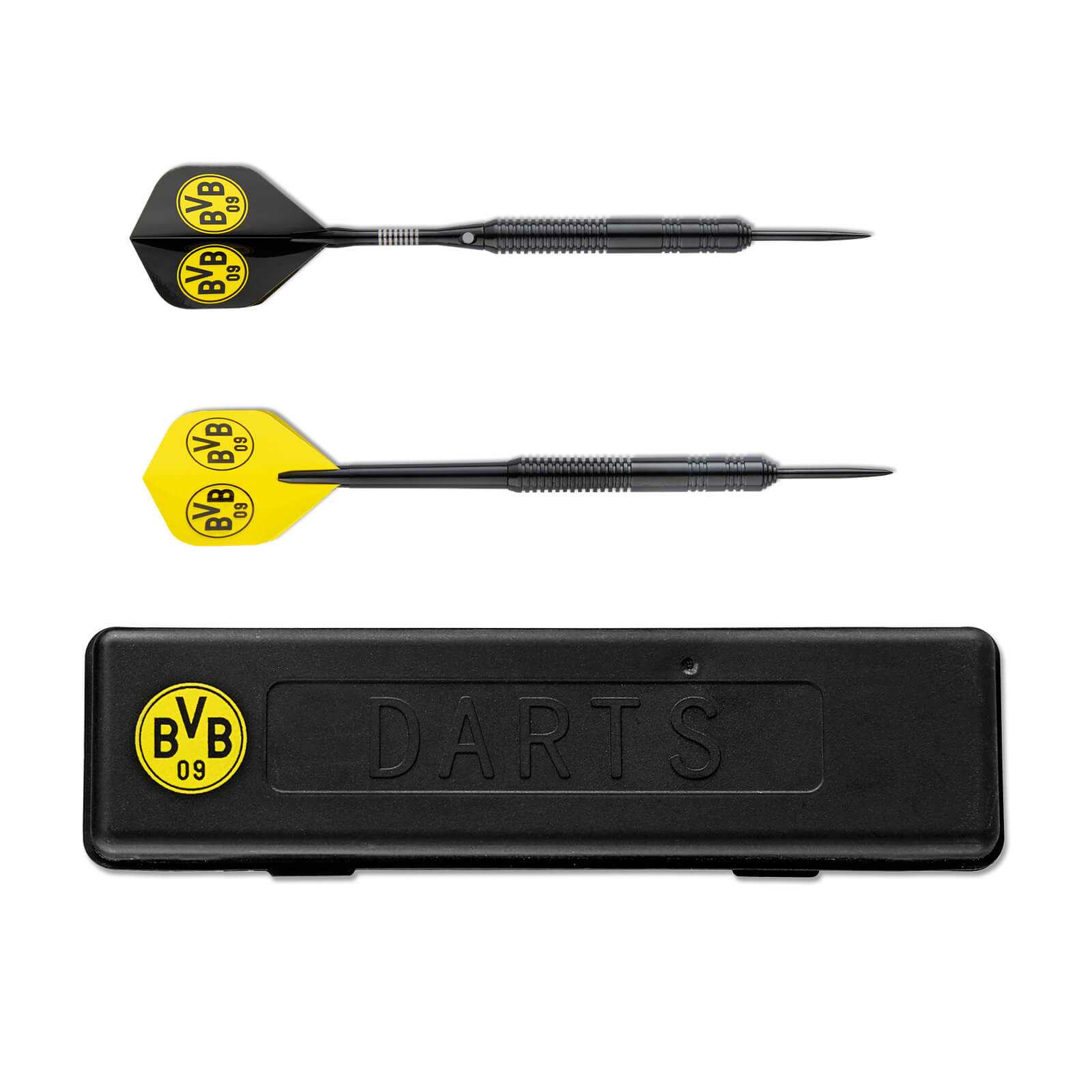 BVB-Dartpfeile mit Aufbewahrungsbox in schwarzgelb, seitliche Ansicht der Pfeile mit BVB-Emblem und schwarze Box mit gelbem BVB-Logo.