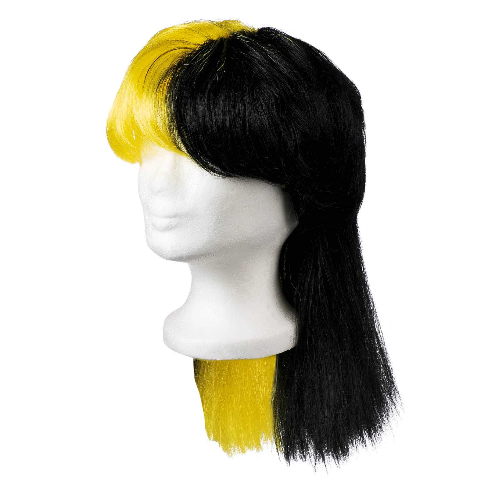 Seitenansicht der BVB-Perücke (lang) mit langen schwarzgelben Haaren auf einem weißen Modellkopf. Perücke in den Vereinsfarben schwarzgelb.