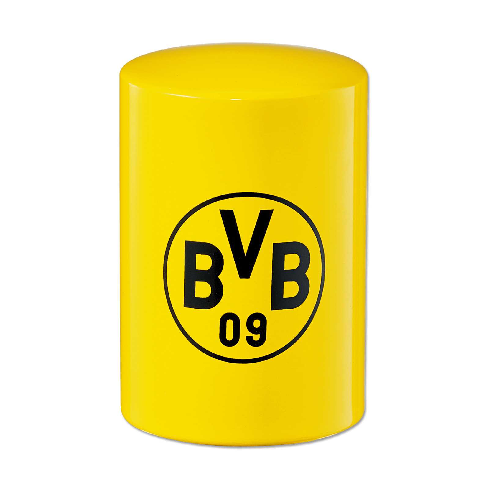 Vorderansicht des gelben BVB-Flaschenöffner Push und Pull mit schwarzgelbem Design und BVB-Emblem in der Mitte.