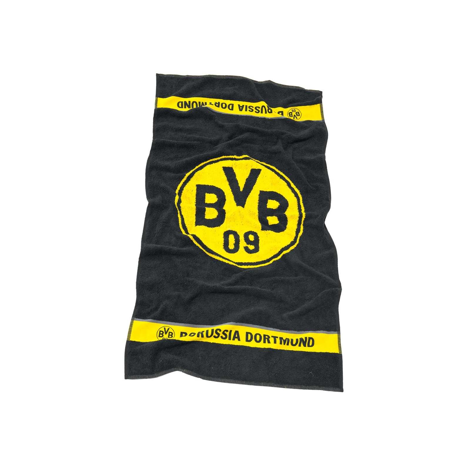 Frontalansicht des schwarzgelben BVB-Handtuchs Emblem 50x100 cm mit großem BVB-Emblem in der Mitte und gelben Borussia Dortmund-Streifen an den Enden.