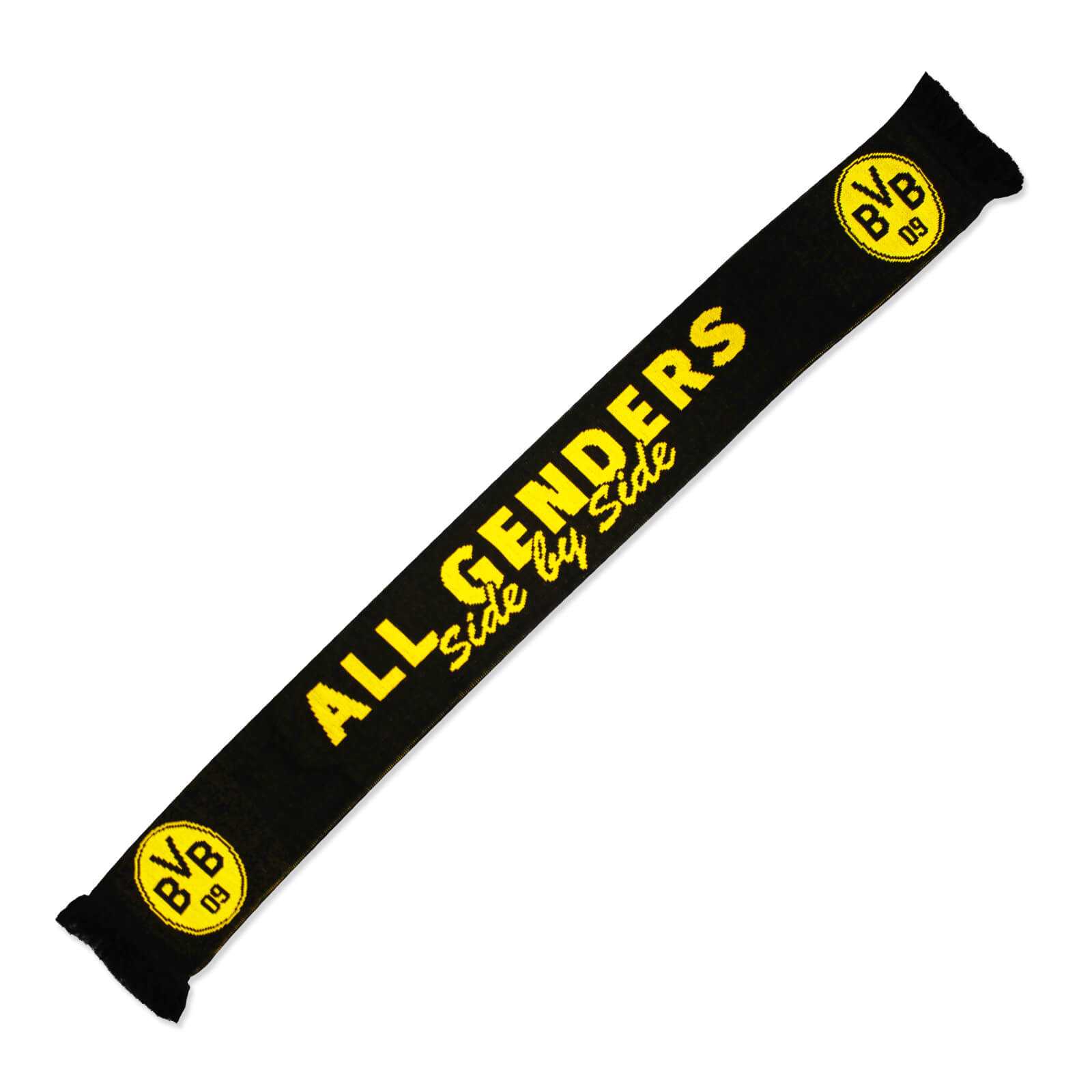 Schwarzgelber BVB-Schal „All Genders“ in Frontansicht mit gelbem Schriftzug und zweimal sichtbarem BVB-Emblem an den Enden.