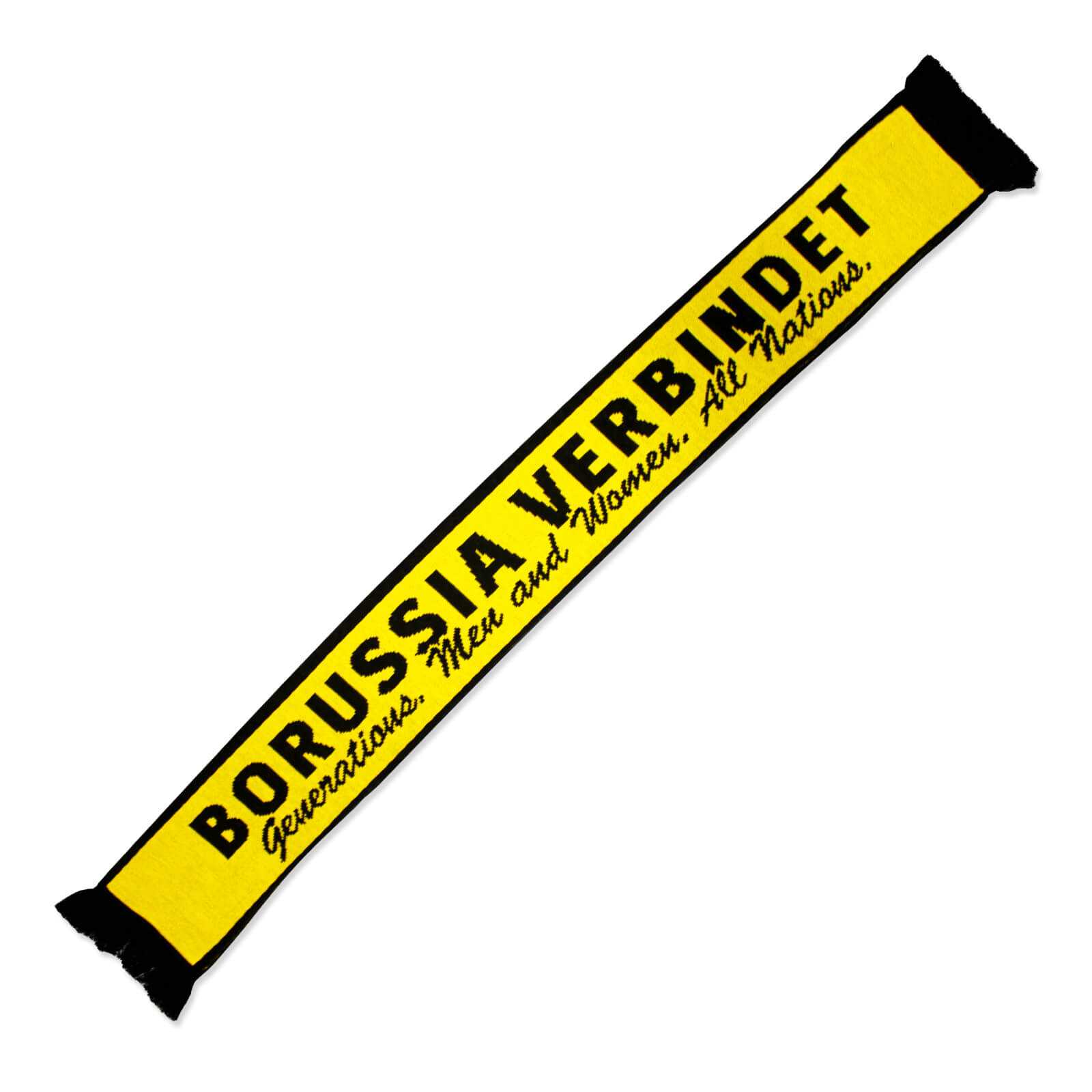 Diagonalansicht des BVB-Schal „All Genders“ in schwarzgelb mit der Aufschrift „BORUSSIA VERBINDET“ auf gelbem Hintergrund und schwarzen Fransen.